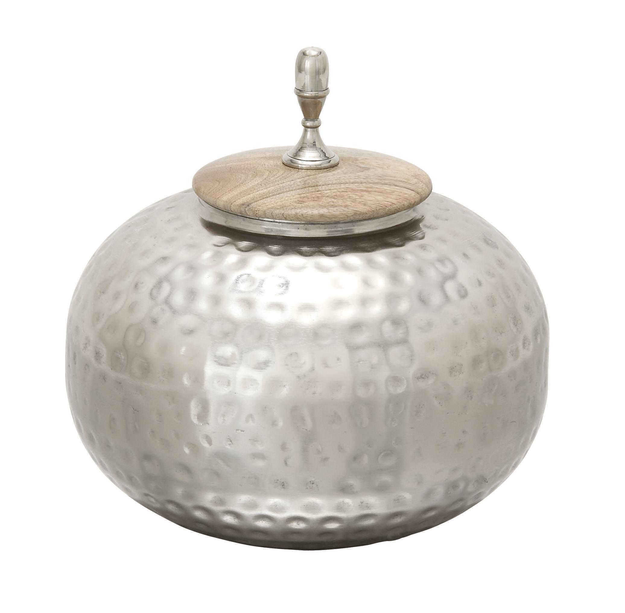 DecMode 11" x 12" Silver Metal Hammered Decorative Jars with Wood Lid, 1-Piece