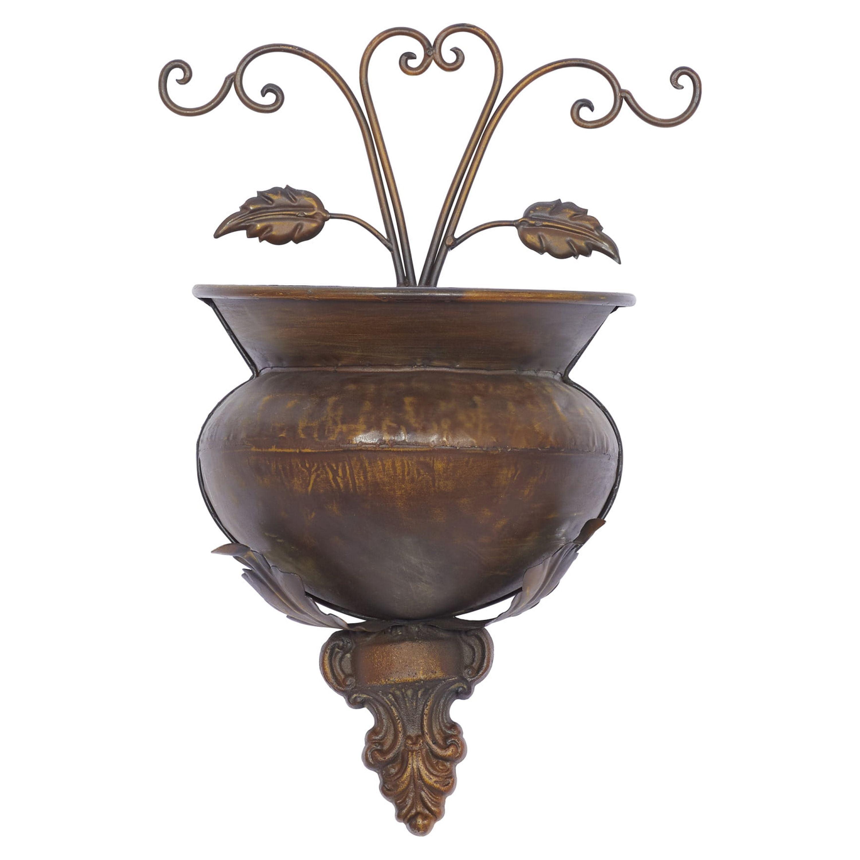 Brown Metal Indoor Outdoor Scroll Wall Planter, 11" x 6" x 18"