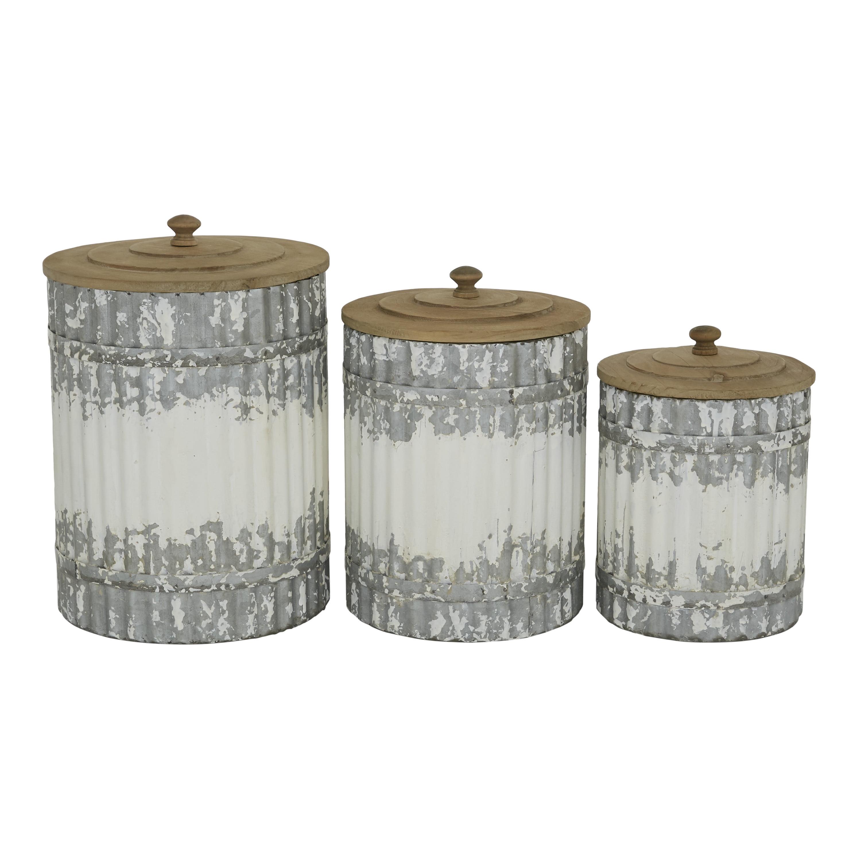 White Distressed Metal Canisters with Wood Lids - Set of 3