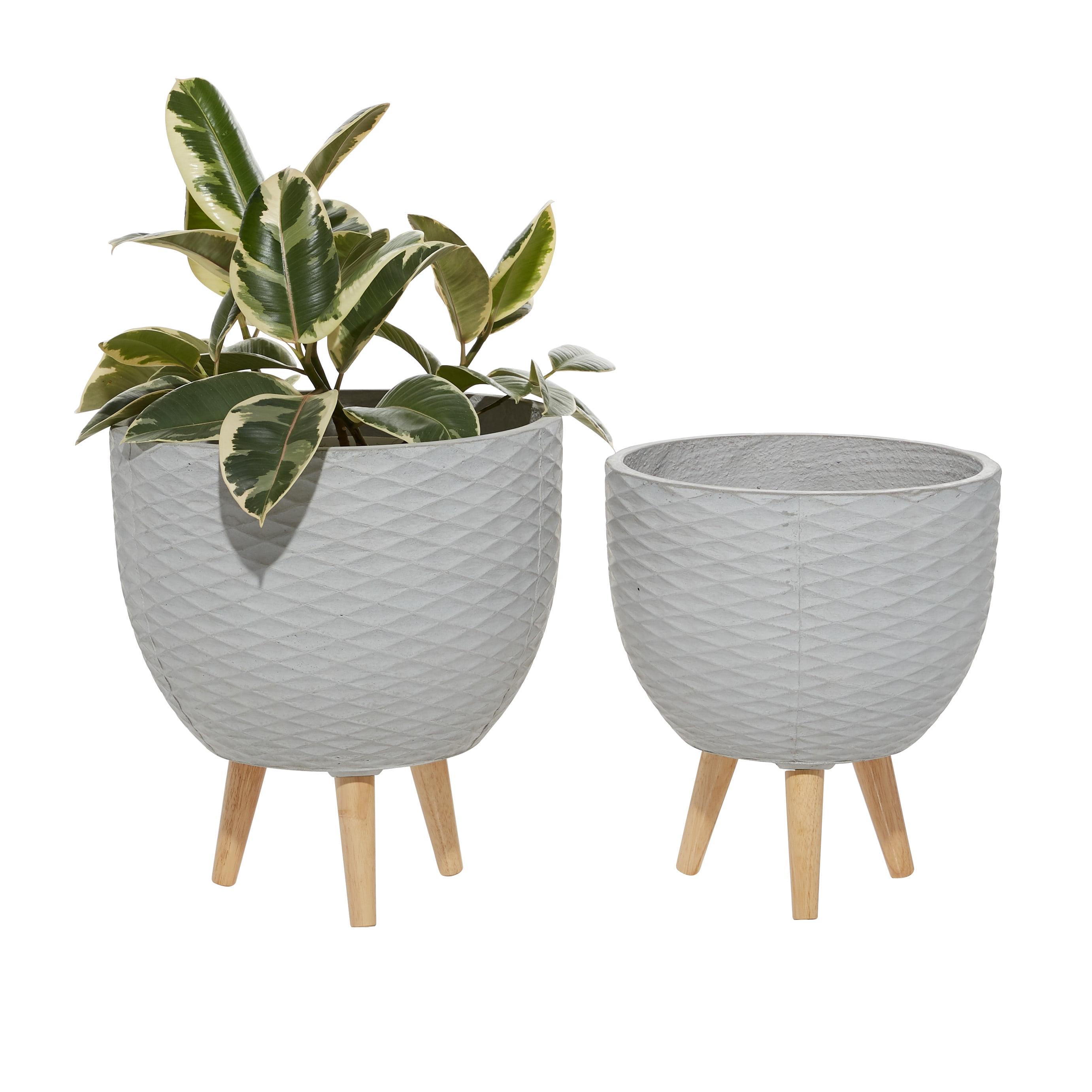 Gray Ceramic Indoor Outdoor Planters with Wooden Legs, Set of 2