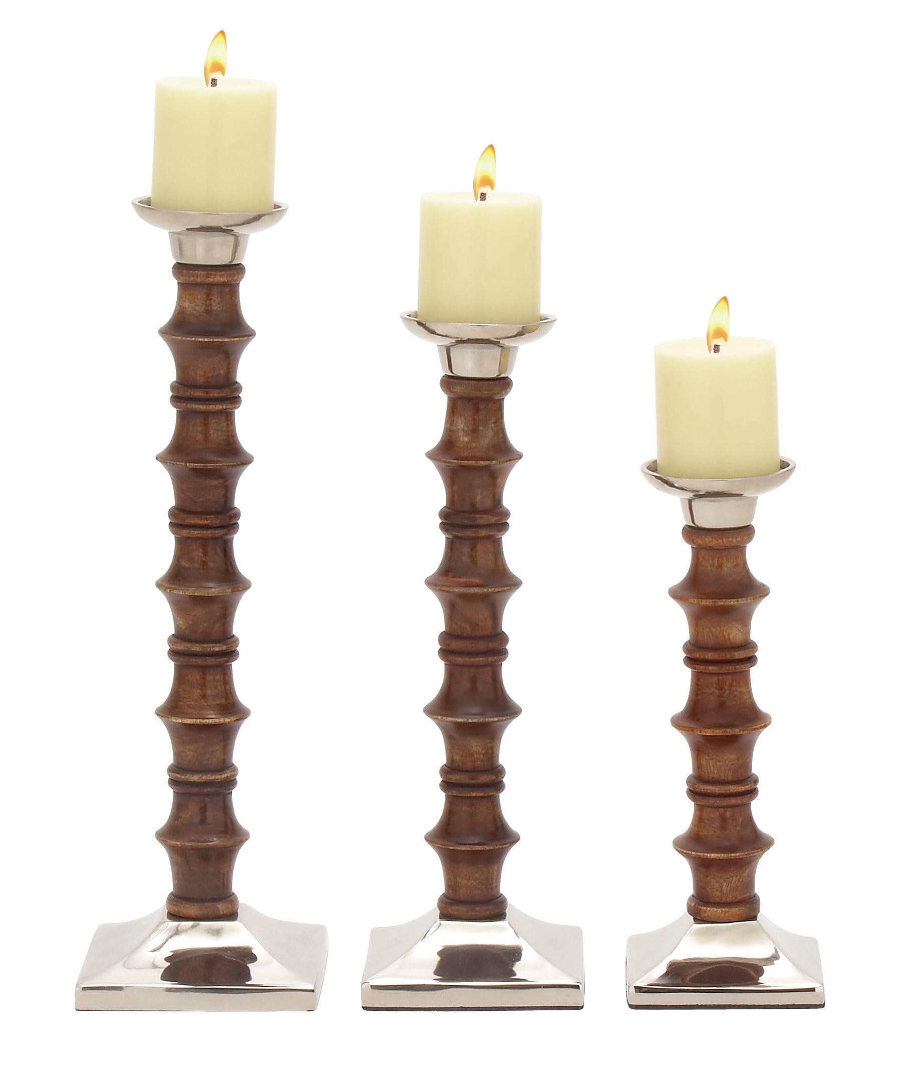 Elegant Traditional Wood Candlestick Trio in Brown - 12" Height