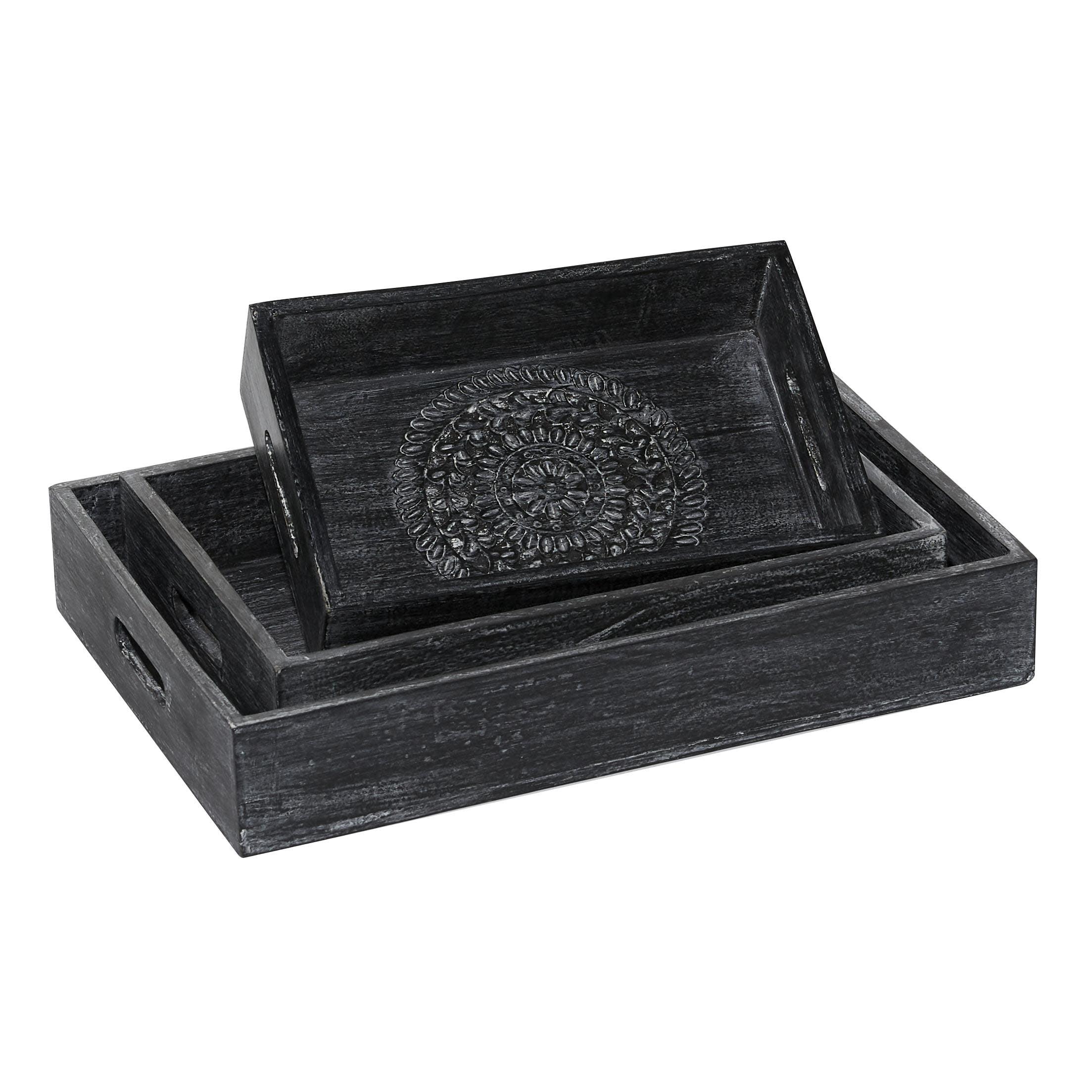 Black Wood Intricate Carved Floral Decorative Tray Set