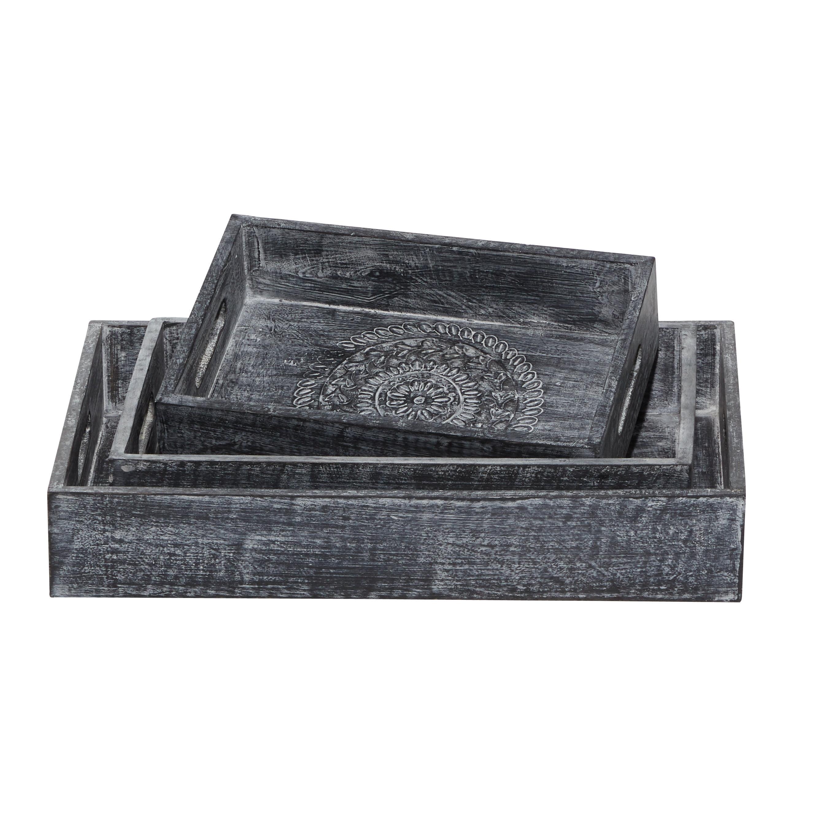 Black Wood Intricate Carved Floral Decorative Tray Set