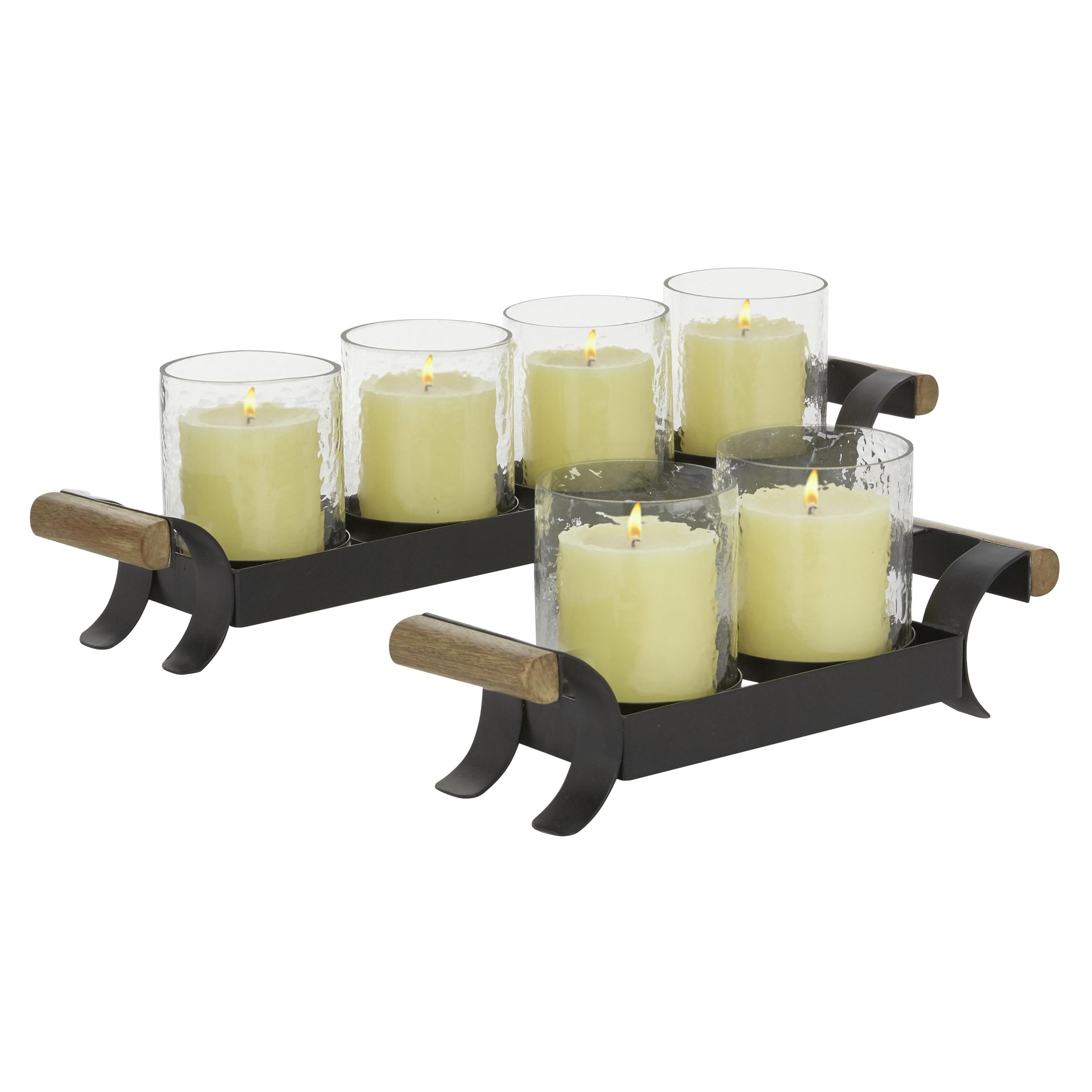 Black Metal and Wood Candle Holder Set with Glass Sleeves