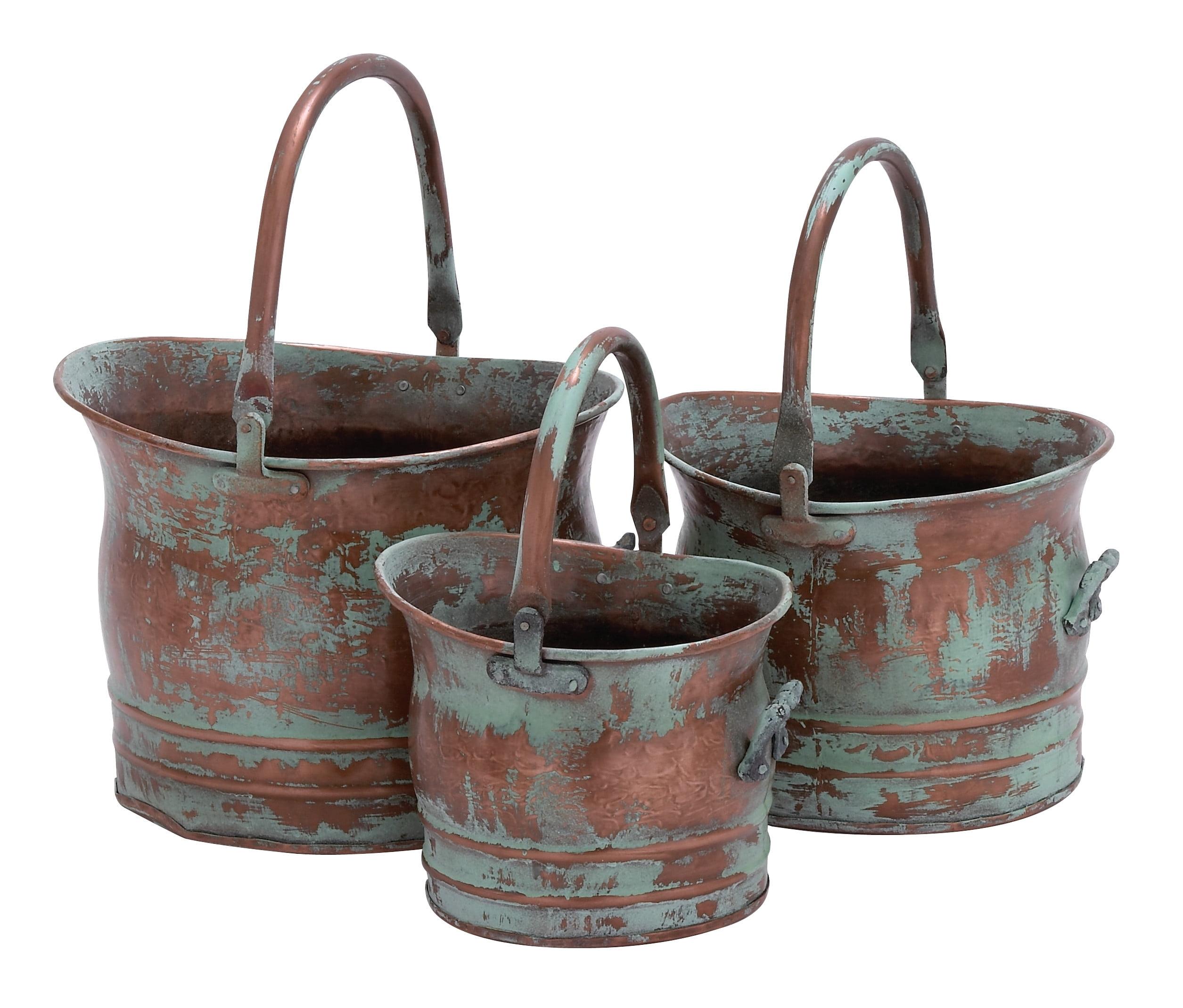 DecMode 13", 11", 9"W Indoor Outdoor Patina Tulip Style Bucket Copper Metal Planter with Stationary Handles (3 Count)