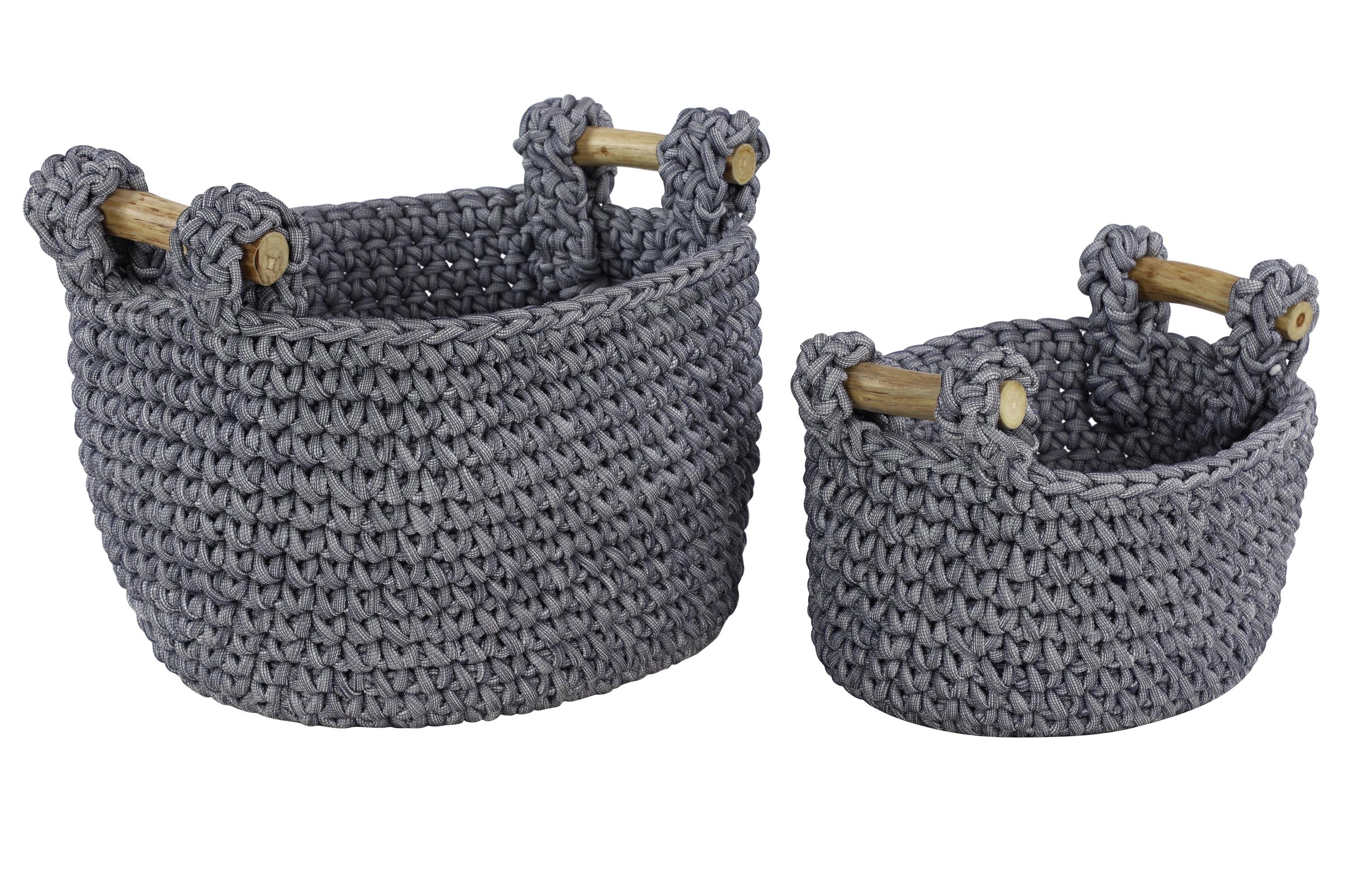 Gray Round Handwoven Fabric Storage Baskets with Wooden Handles, Set of 2