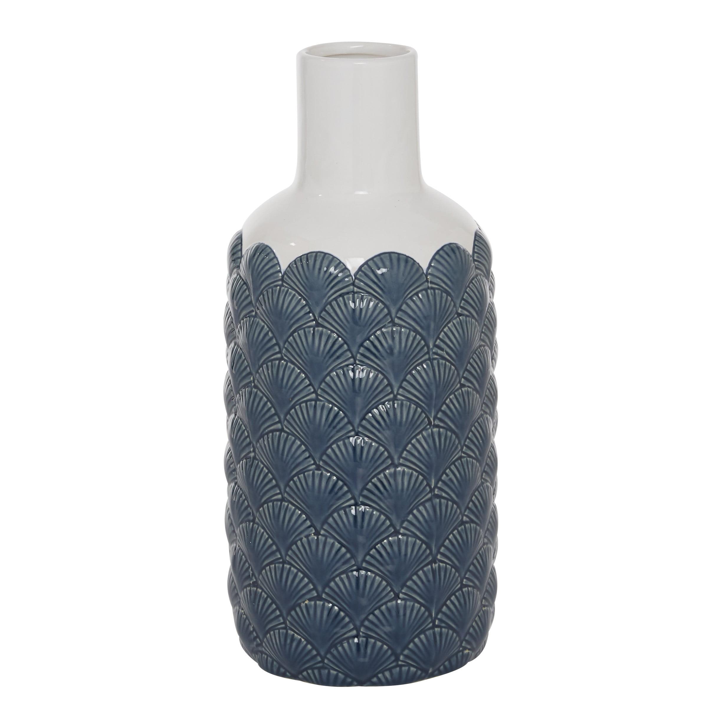 13" Blue and White Ceramic Scallop Decorative Vase