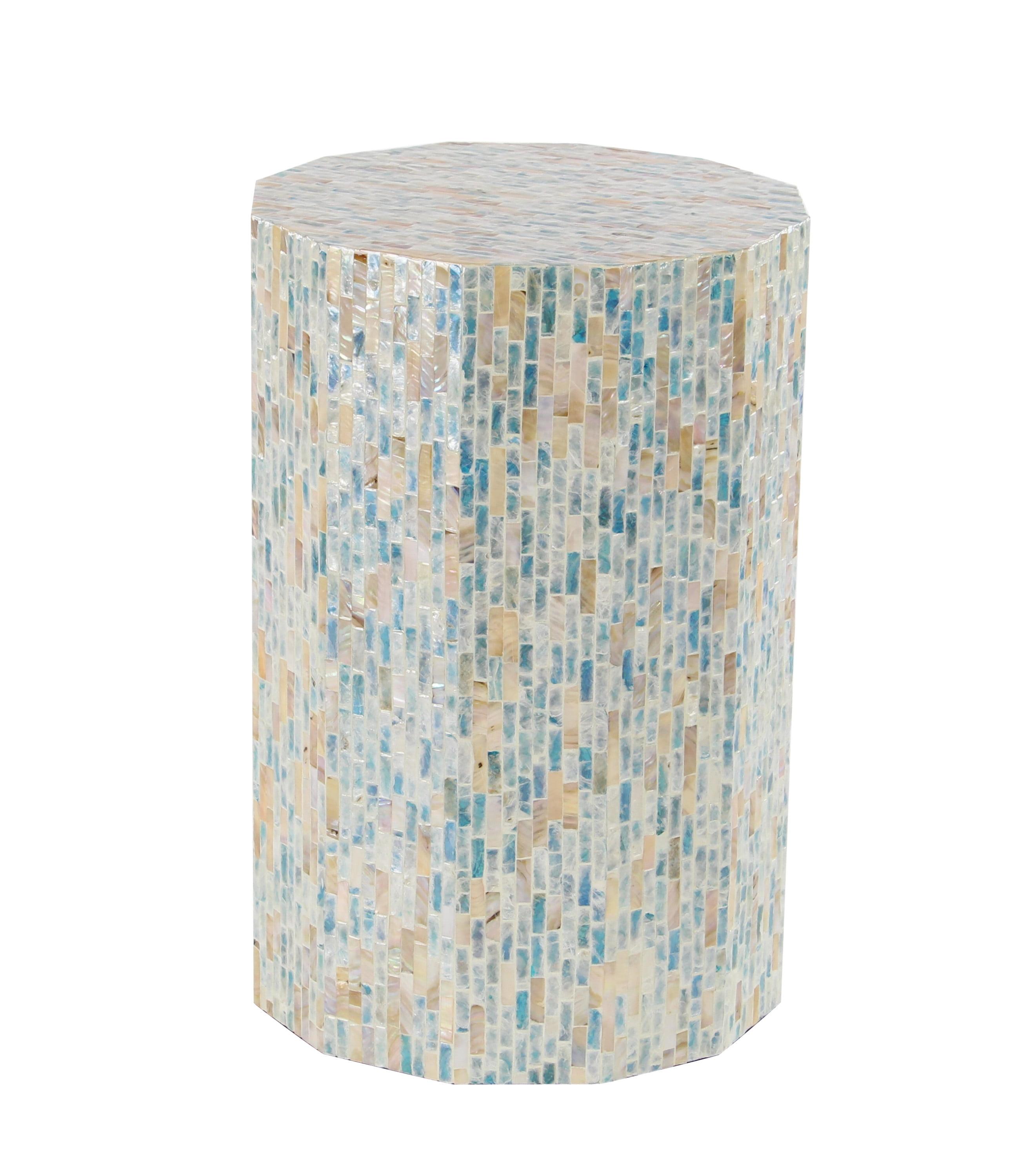 Elegant Blue Mother of Pearl 13" Round Wood Accent Table