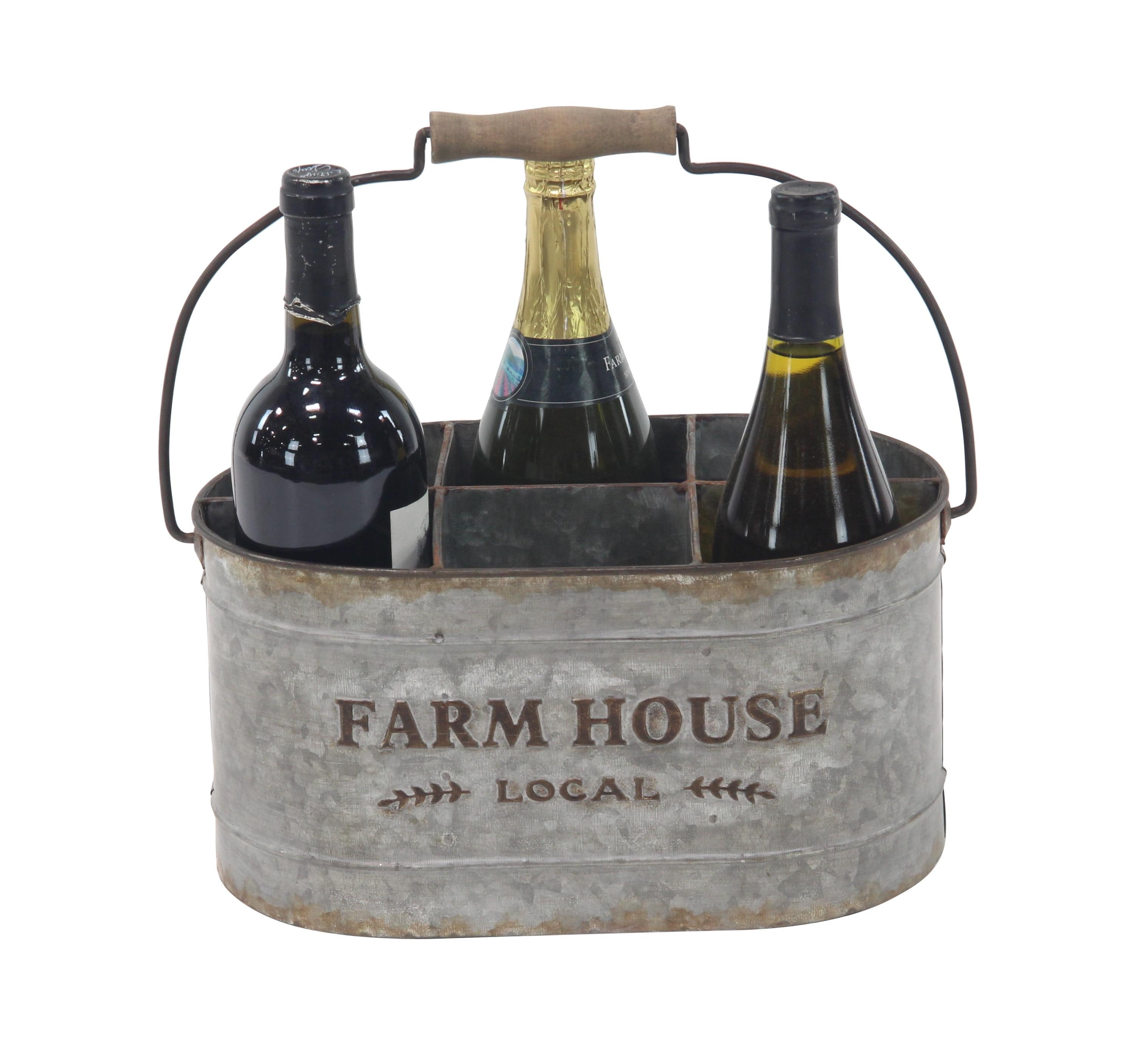 Gray Galvanized Metal Farmhouse 6-Bottle Wine Holder with Handle