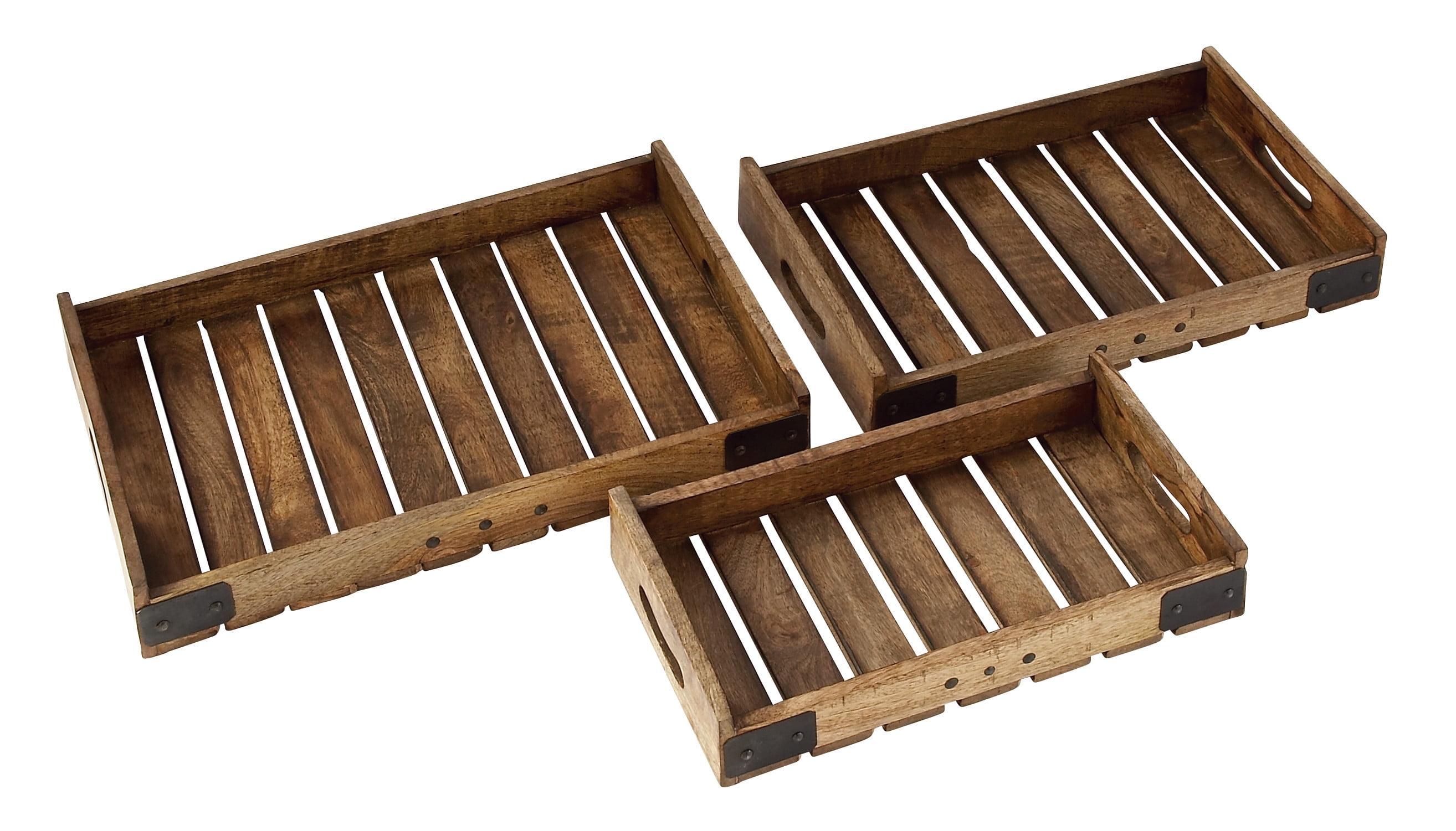 Rustic Brown Mango Wood Rectangular Tray Set with Handles