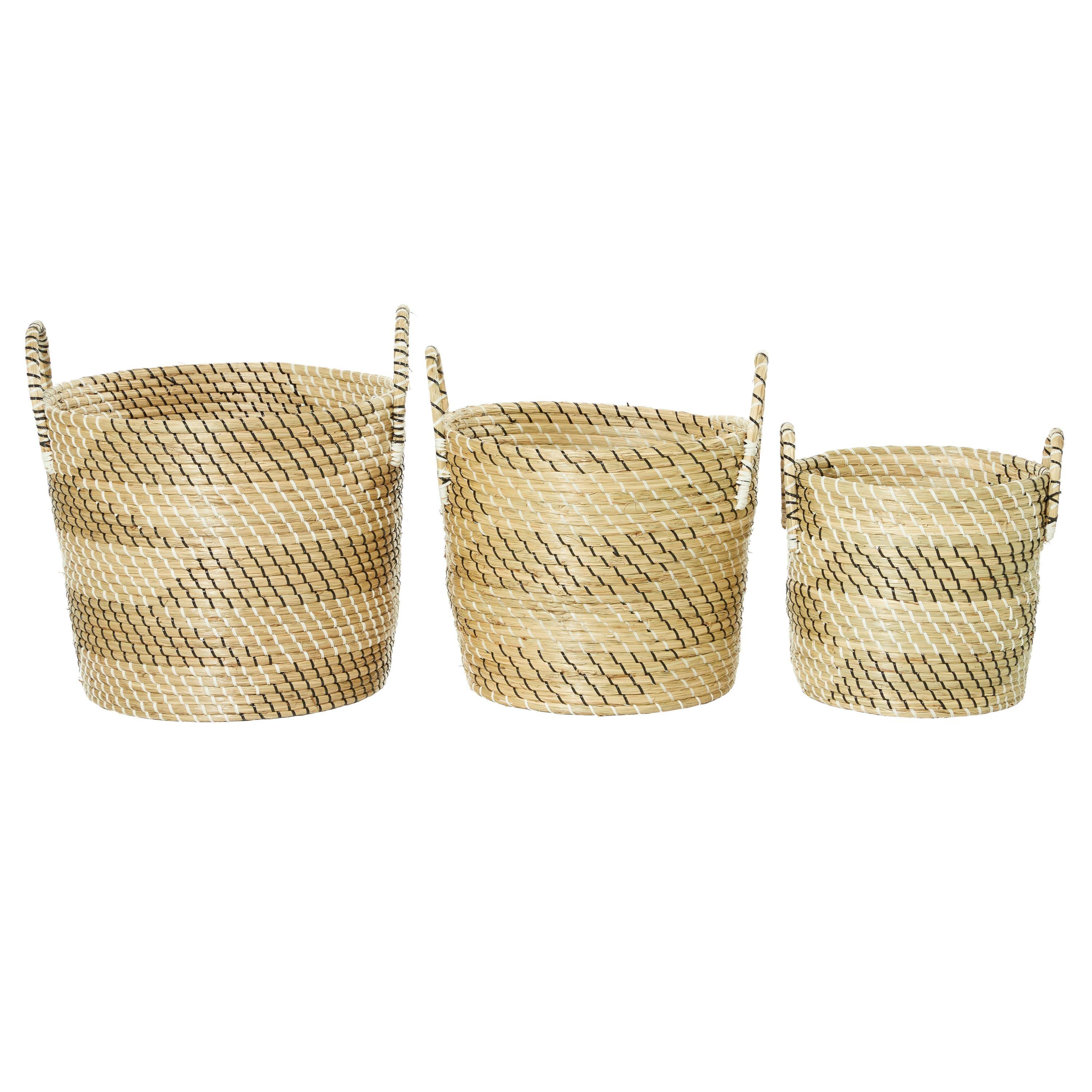 DecMode 14", 17", 19"H Beige Seagrass Handmade Two Toned Storage Basket with Handles, 3-Pieces