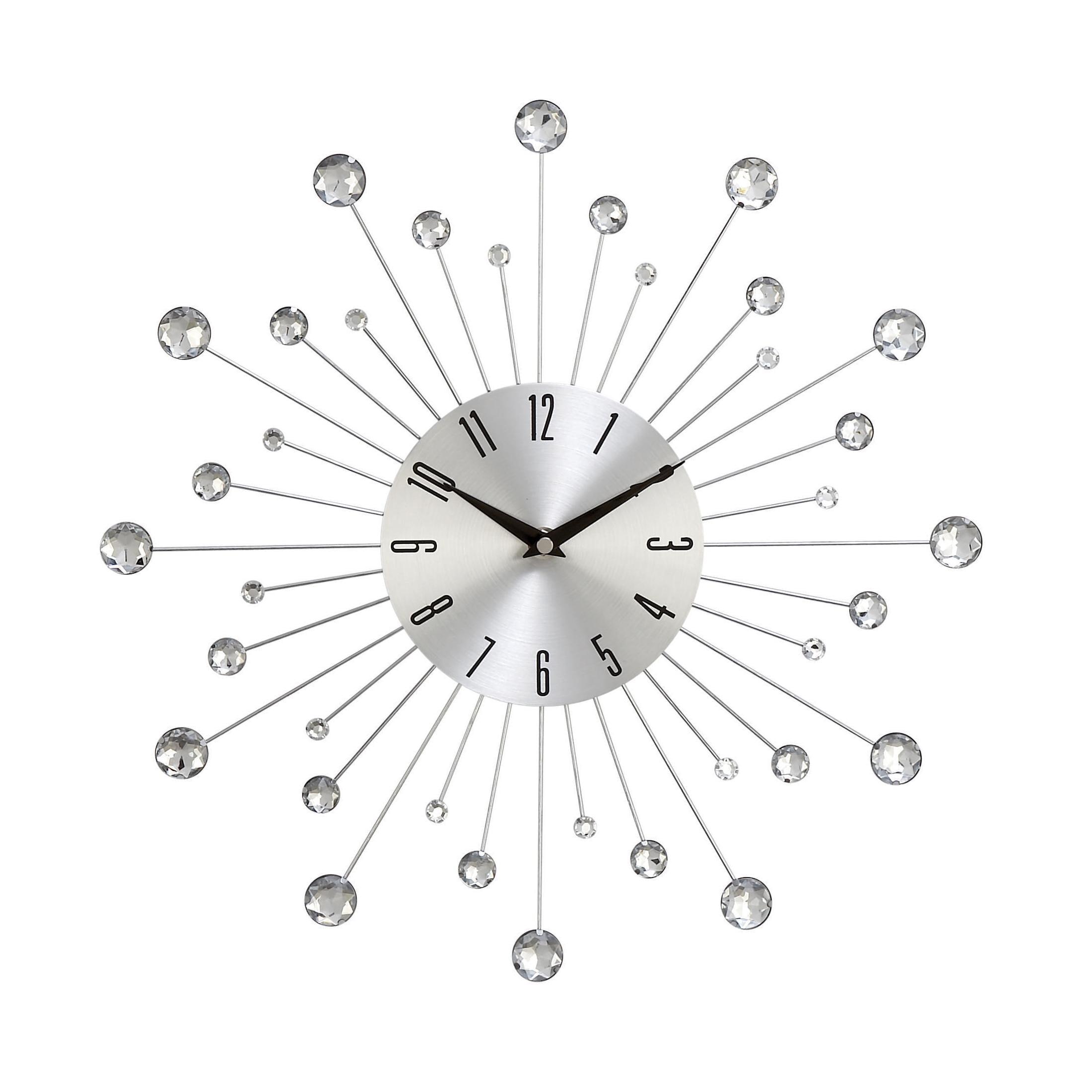 DecMode 15" Silver Metal Starburst Wall Clock with Crystal Accents
