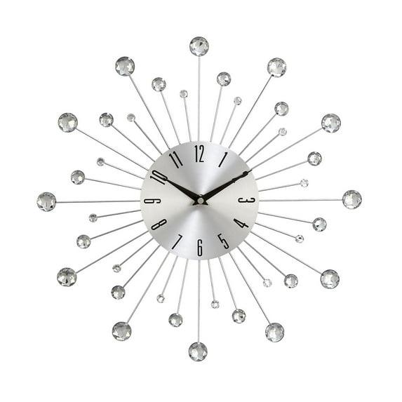 DecMode 15" Silver Metal Starburst Wall Clock with Crystal Accents