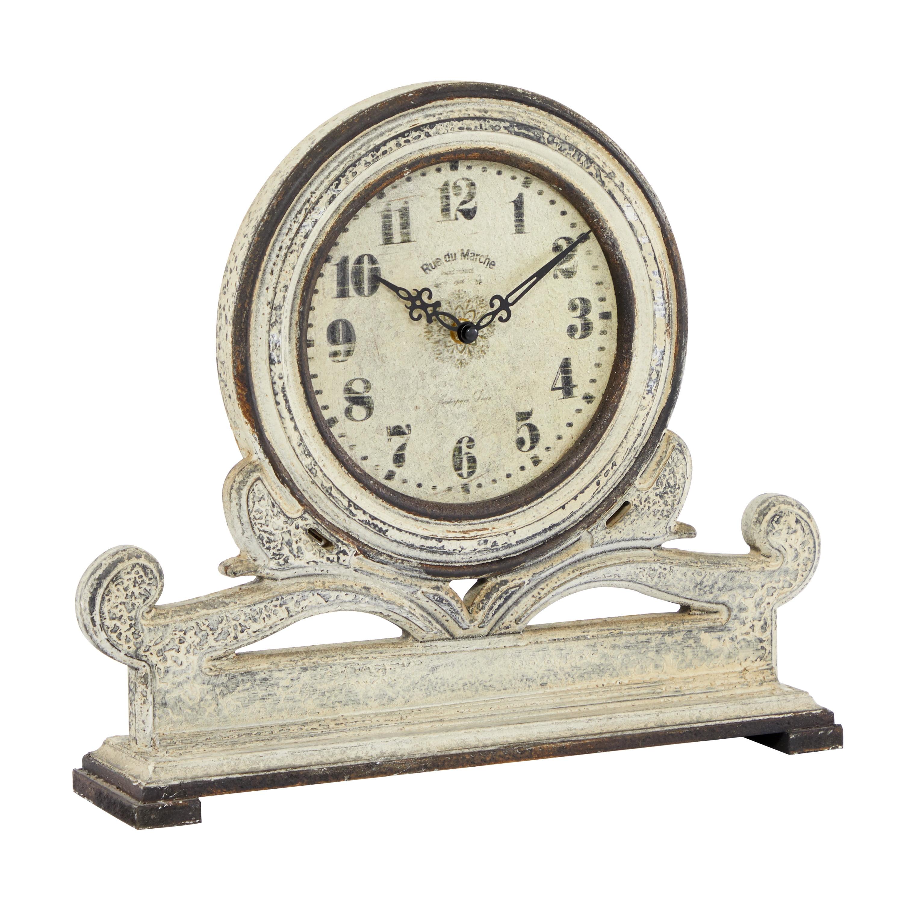 15'' Distressed White Wood Scroll Mantel Clock