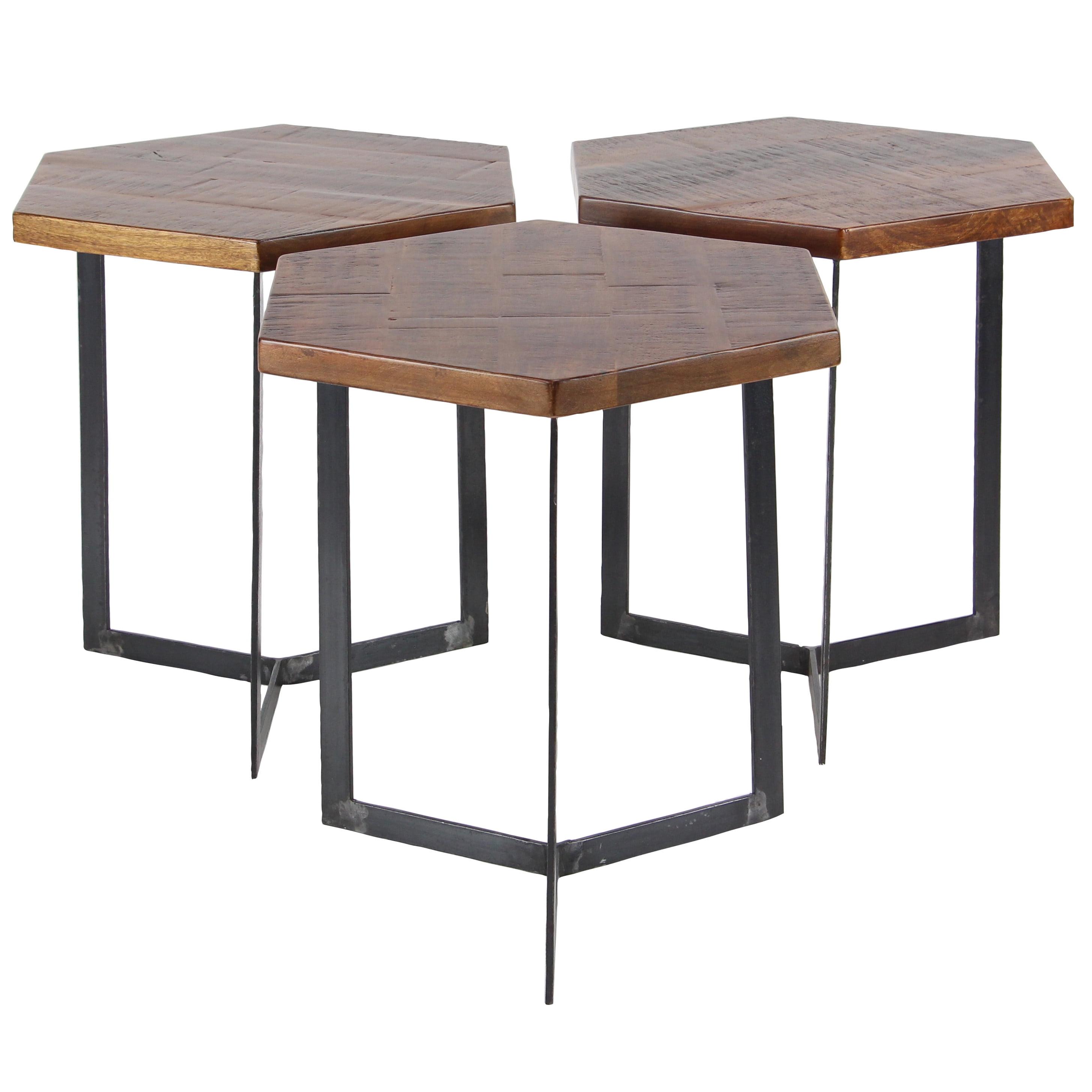 Hexagon Mango Wood and Black Metal Accent Tables, Set of 3