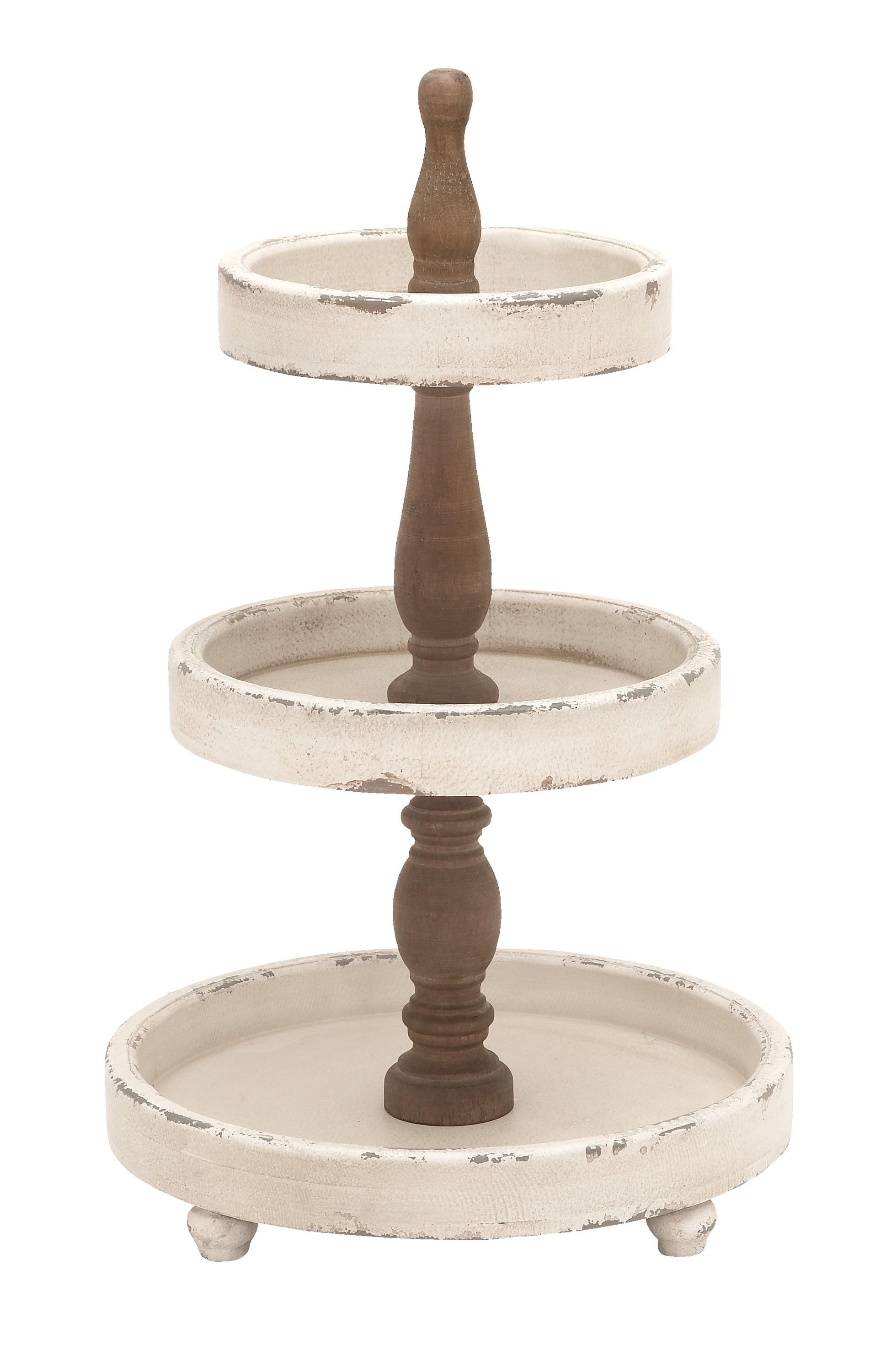 Distressed White and Brown Wood 3-Tier Round Serving Tray