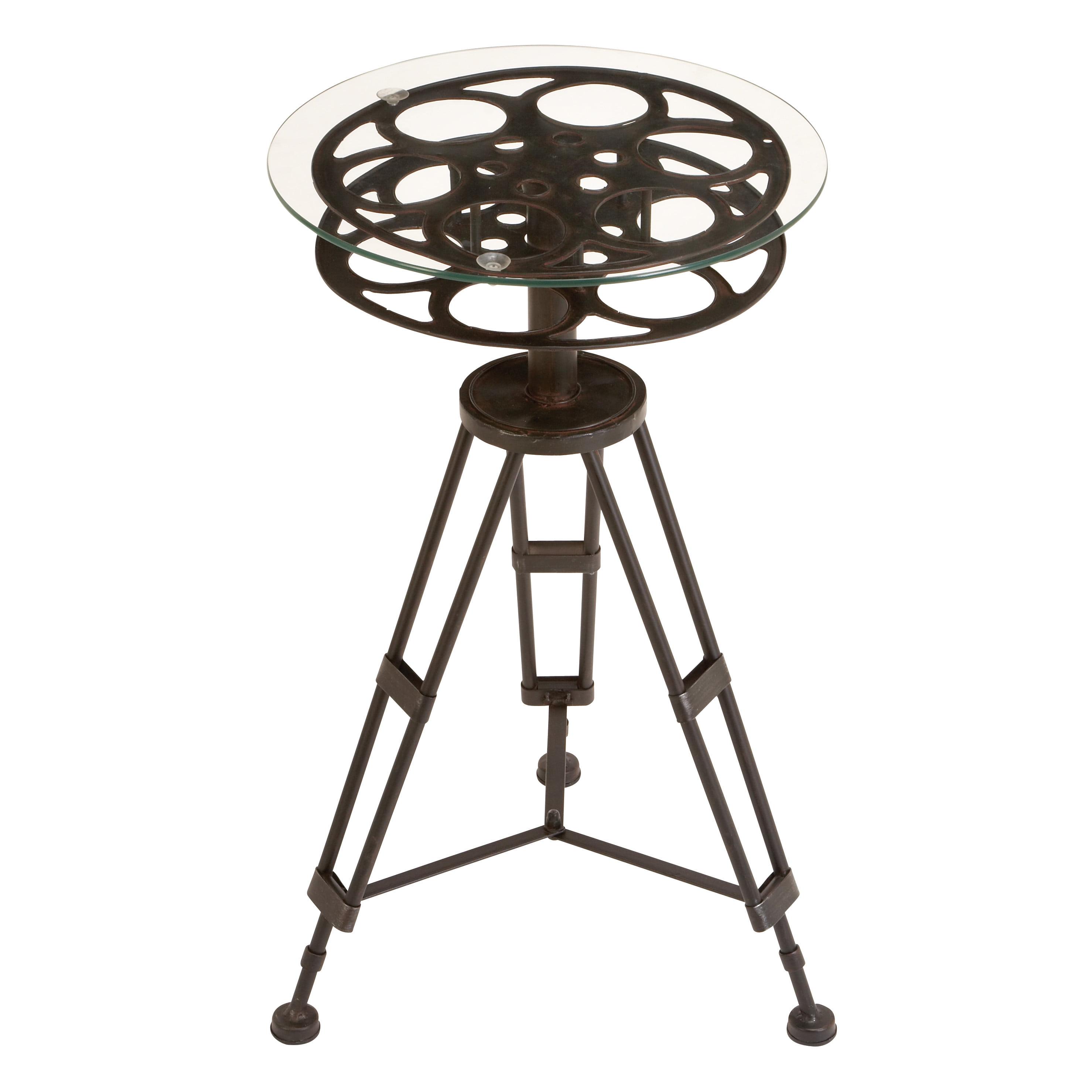 Eclectic Black Metal Film Reel Round Accent Table with Glass Top