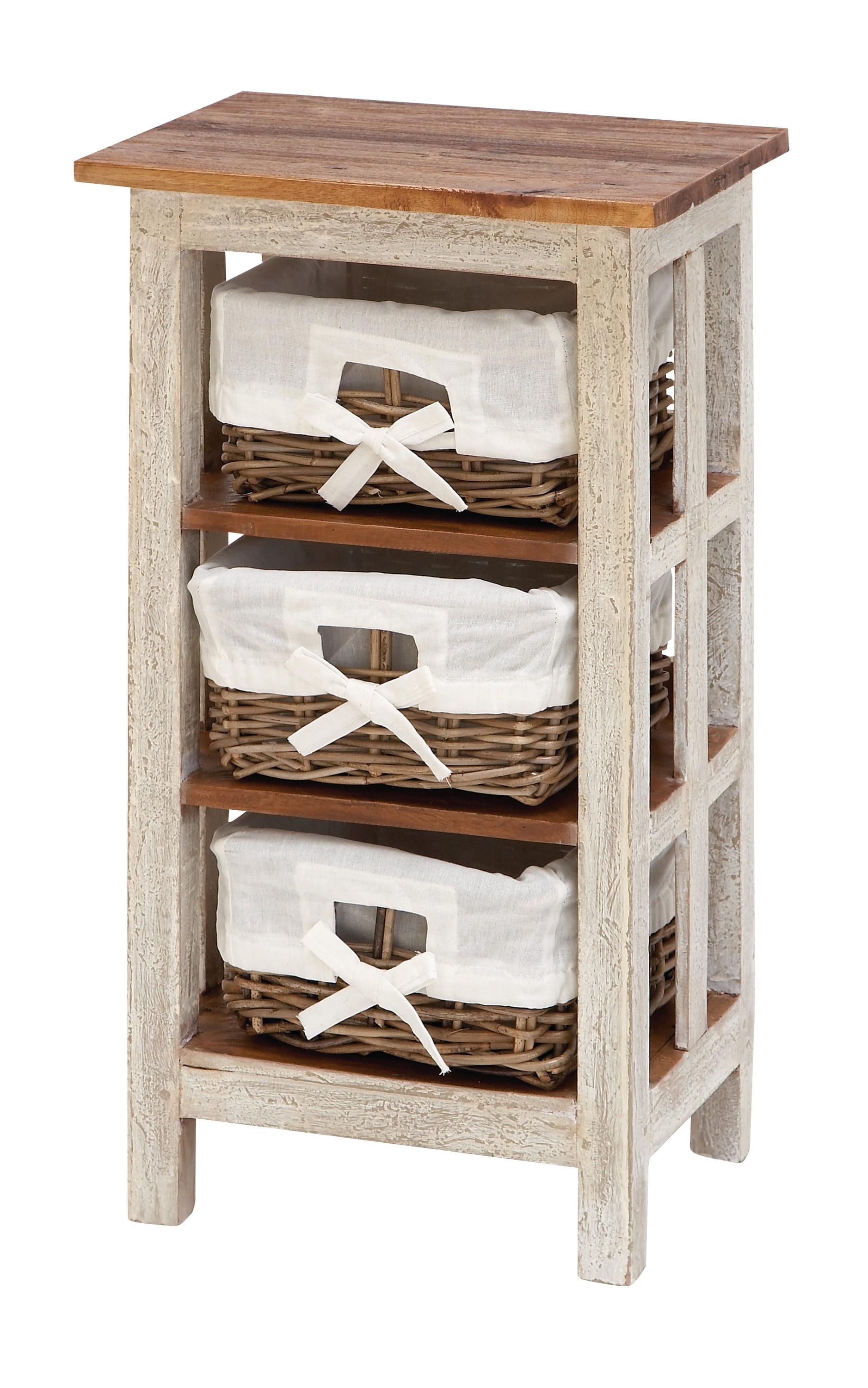 Antiqued White Wood and Rattan 3-Drawer Storage Unit