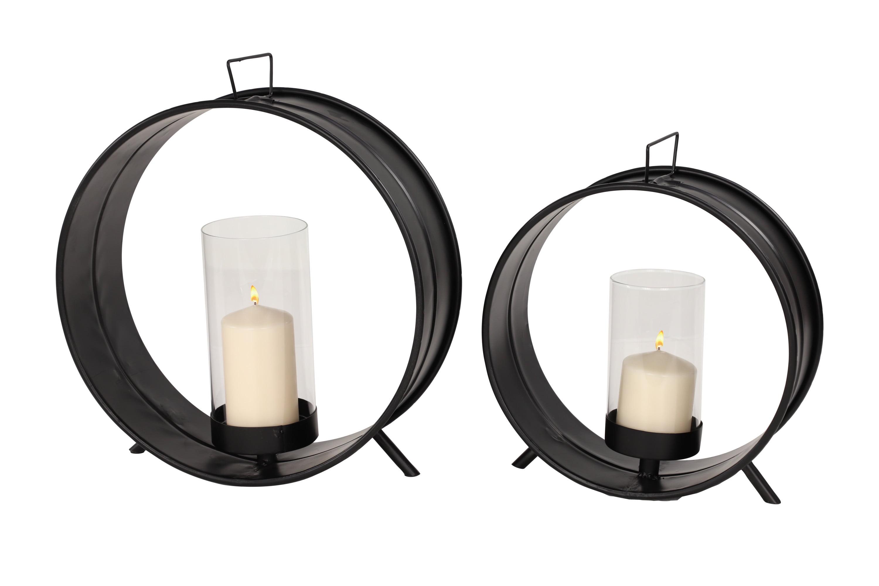 Industrial Black Iron Circular Candle Holders with Glass, Set of 2