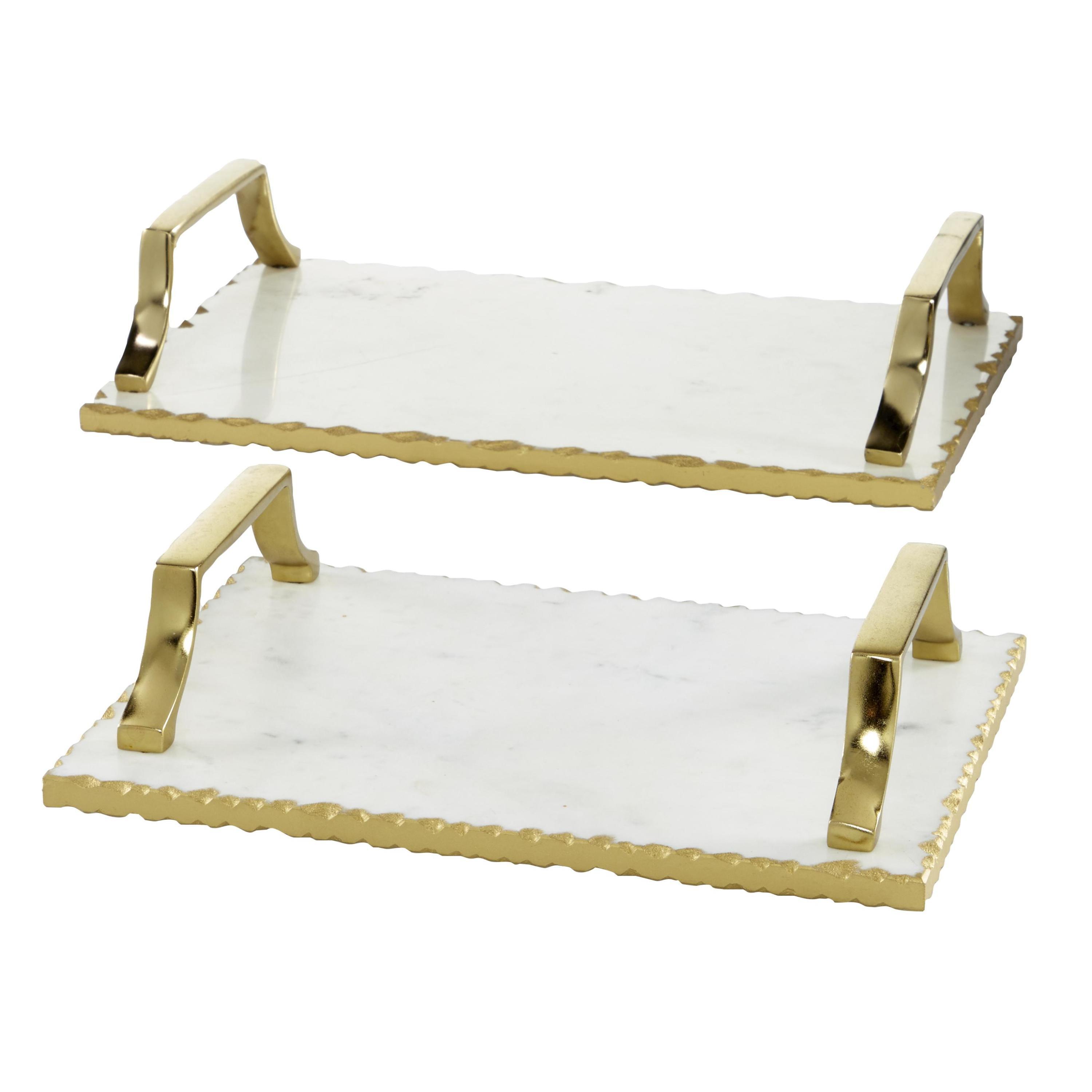 Gold and White Ceramic Rectangular Tray Set with Metal Handles