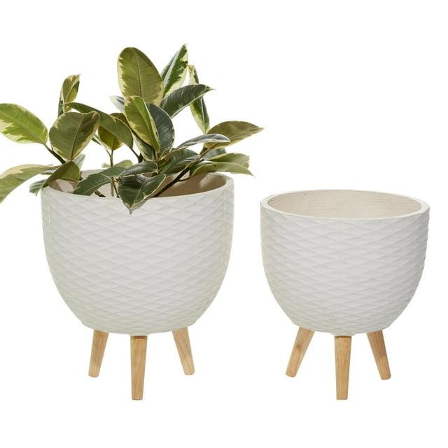 DecMode 14", 13"H Diamond Patterned White Ceramic Geometric Planter with Wood Tripod Legs (2 Count)