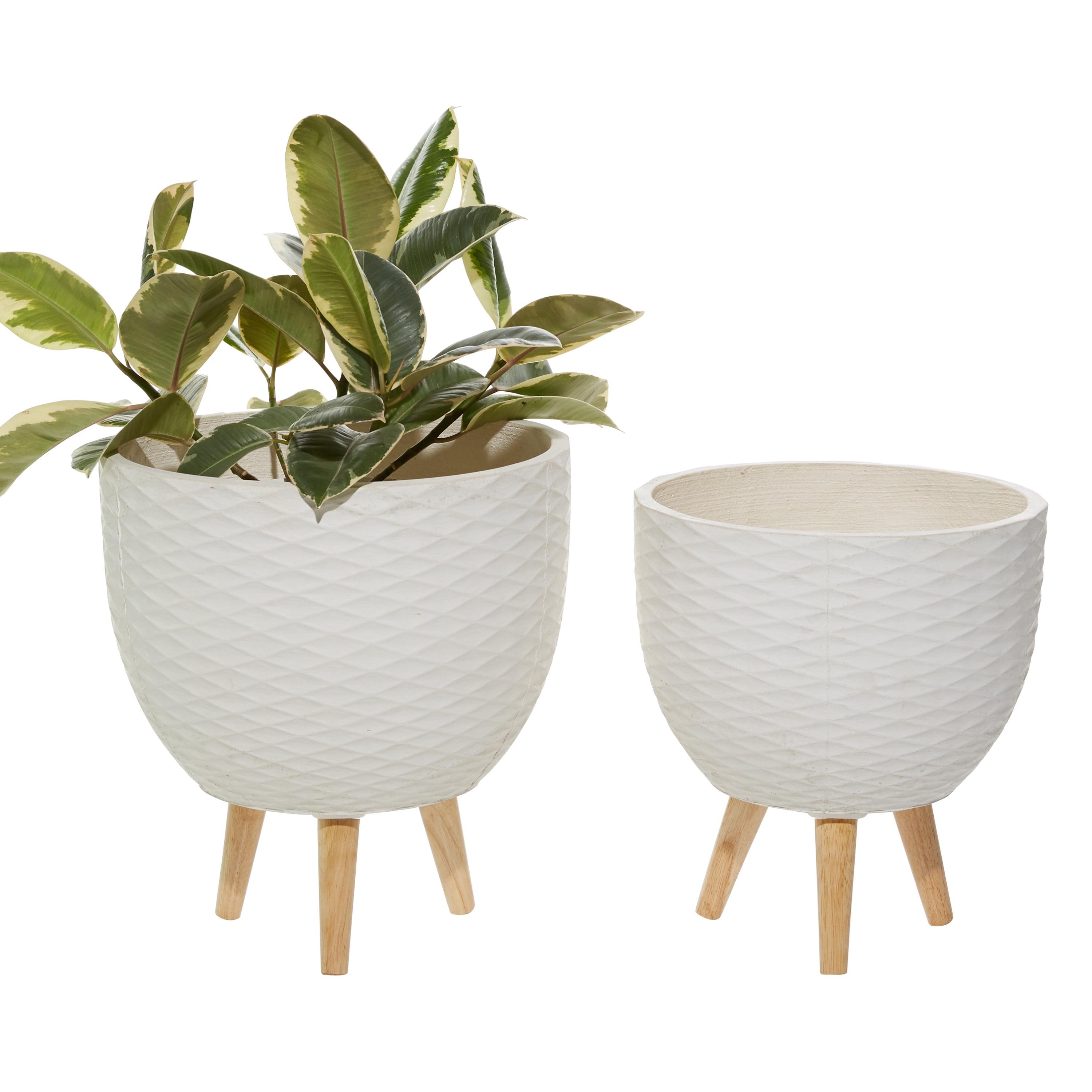 Modern White Ceramic Round Planters on Wood Legs, Set of 2