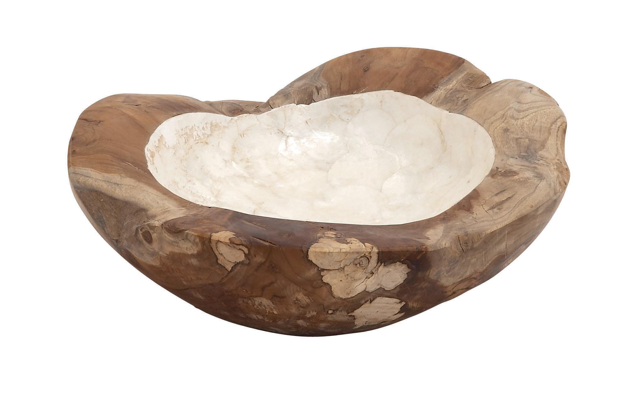 DecMode 16" Handmade Round Live Edge Free Form Brown Teak Wood Decorative Bowl with Capiz Interior