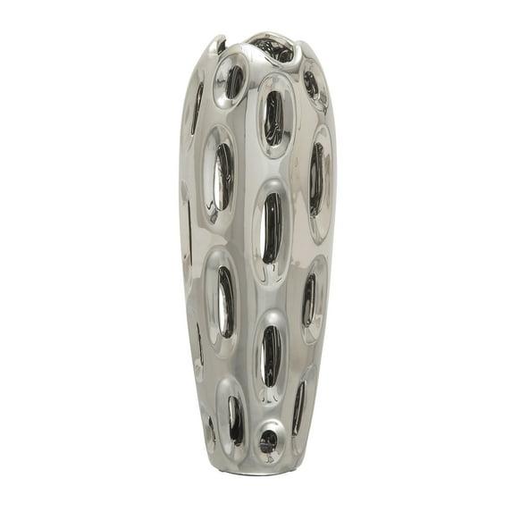 DecMode 16" Silver Ceramic Vase with Cut Out Designs