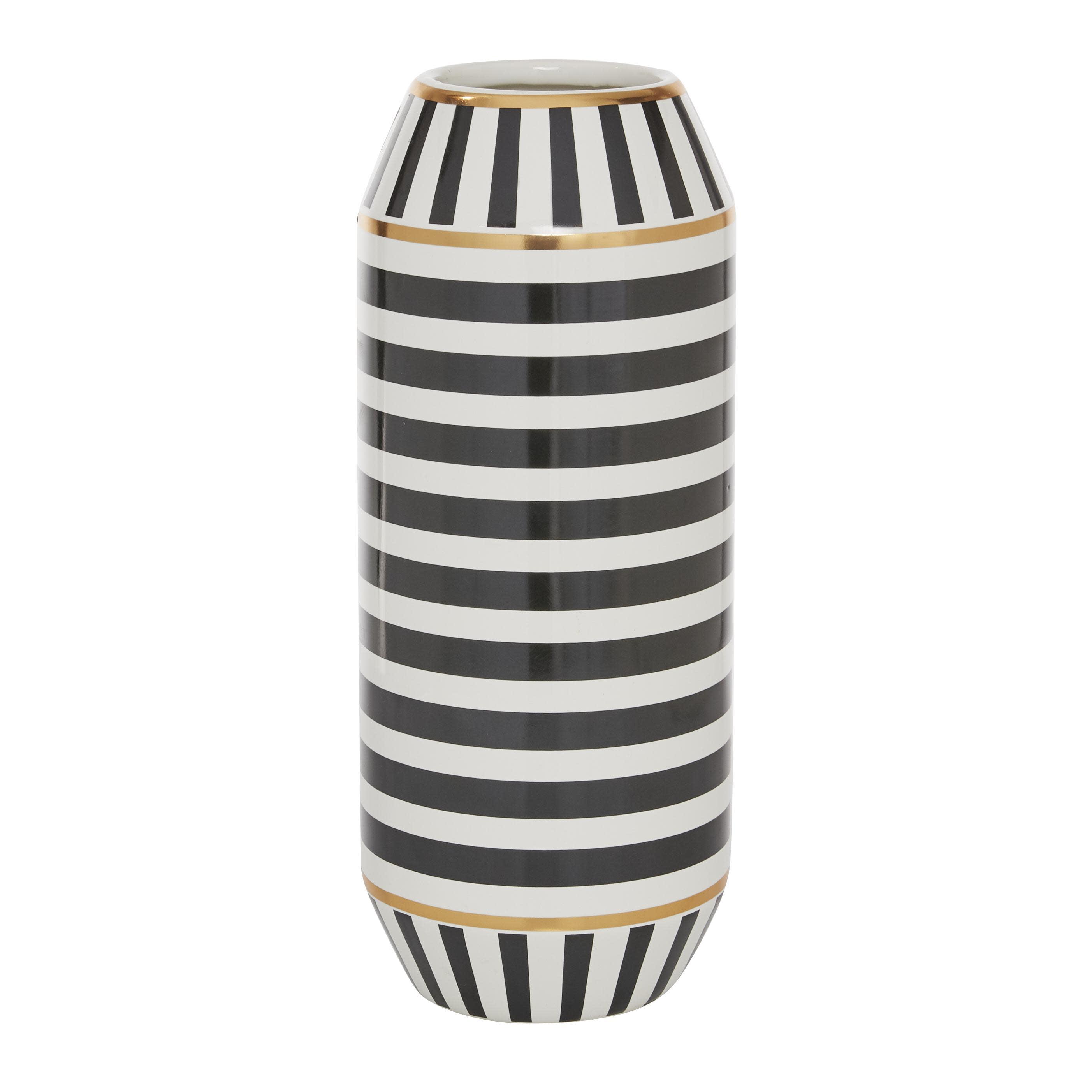 DecMode 16" Striped Black Ceramic Vase with Gold Accents