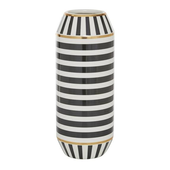 DecMode 16" Striped Black Ceramic Vase with Gold Accents
