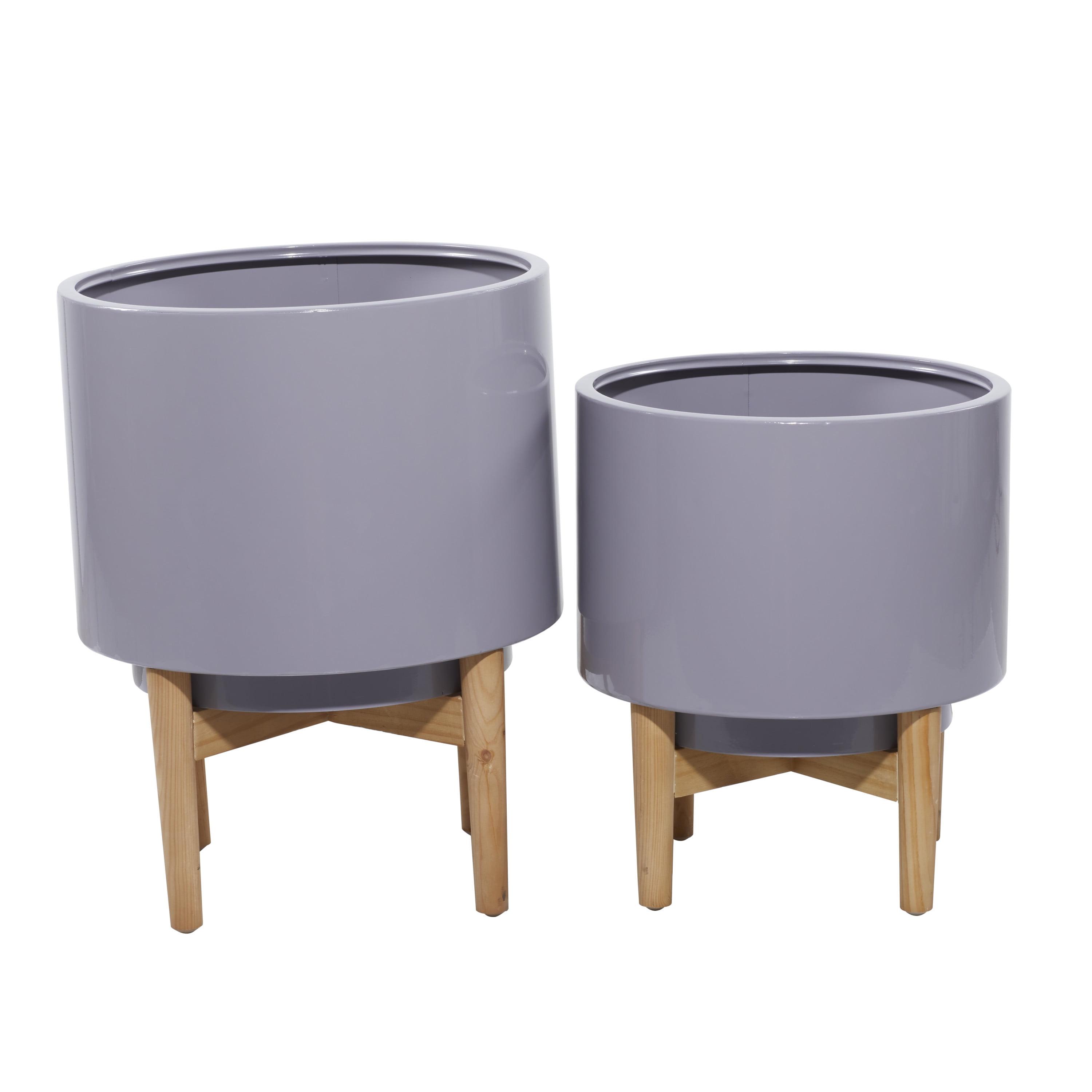 Contemporary Gray Metal & Wood Planter Set, Indoor/Outdoor