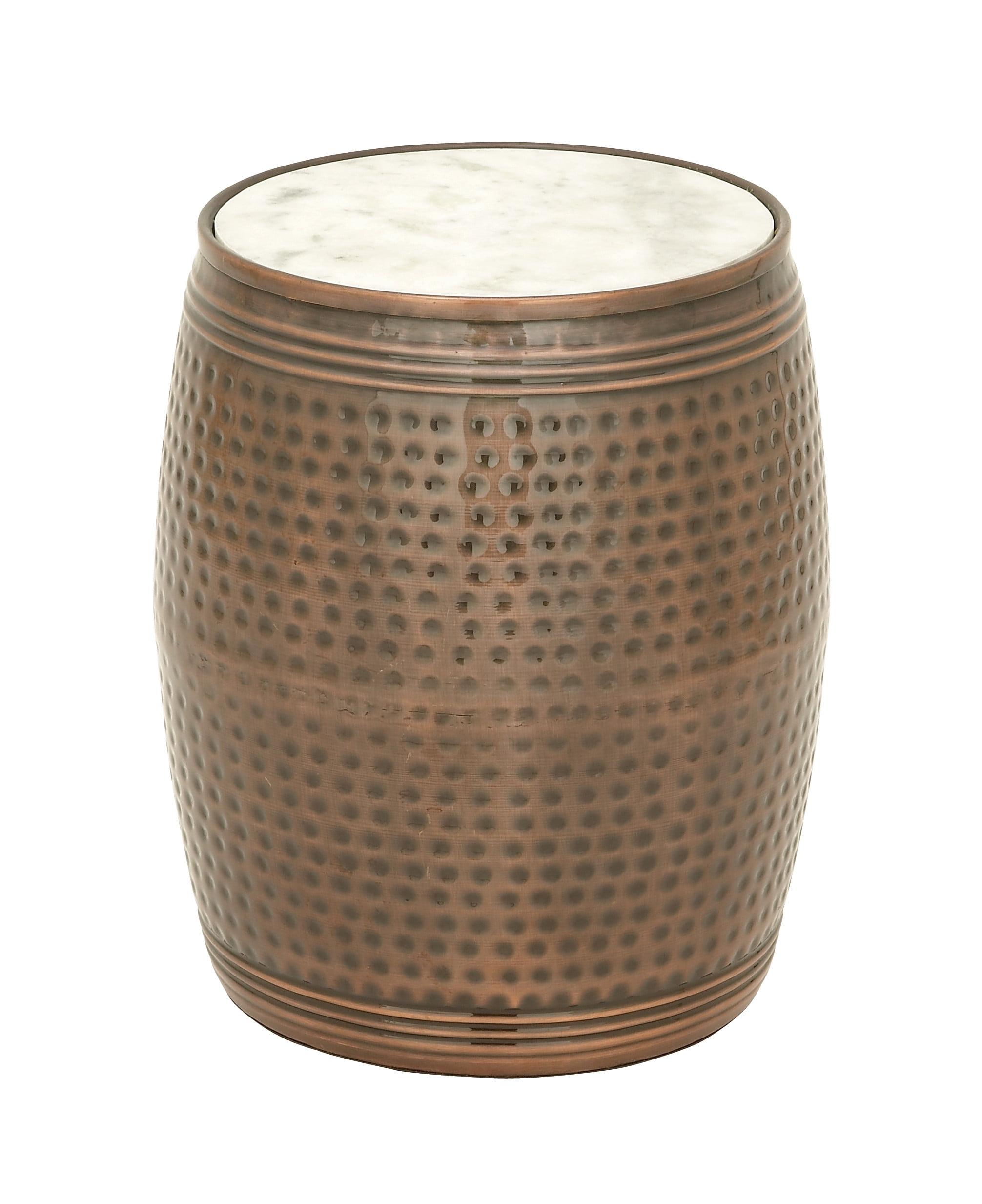 Copper Hammered Barrel Side Table with White Marble Top - 16"x19"