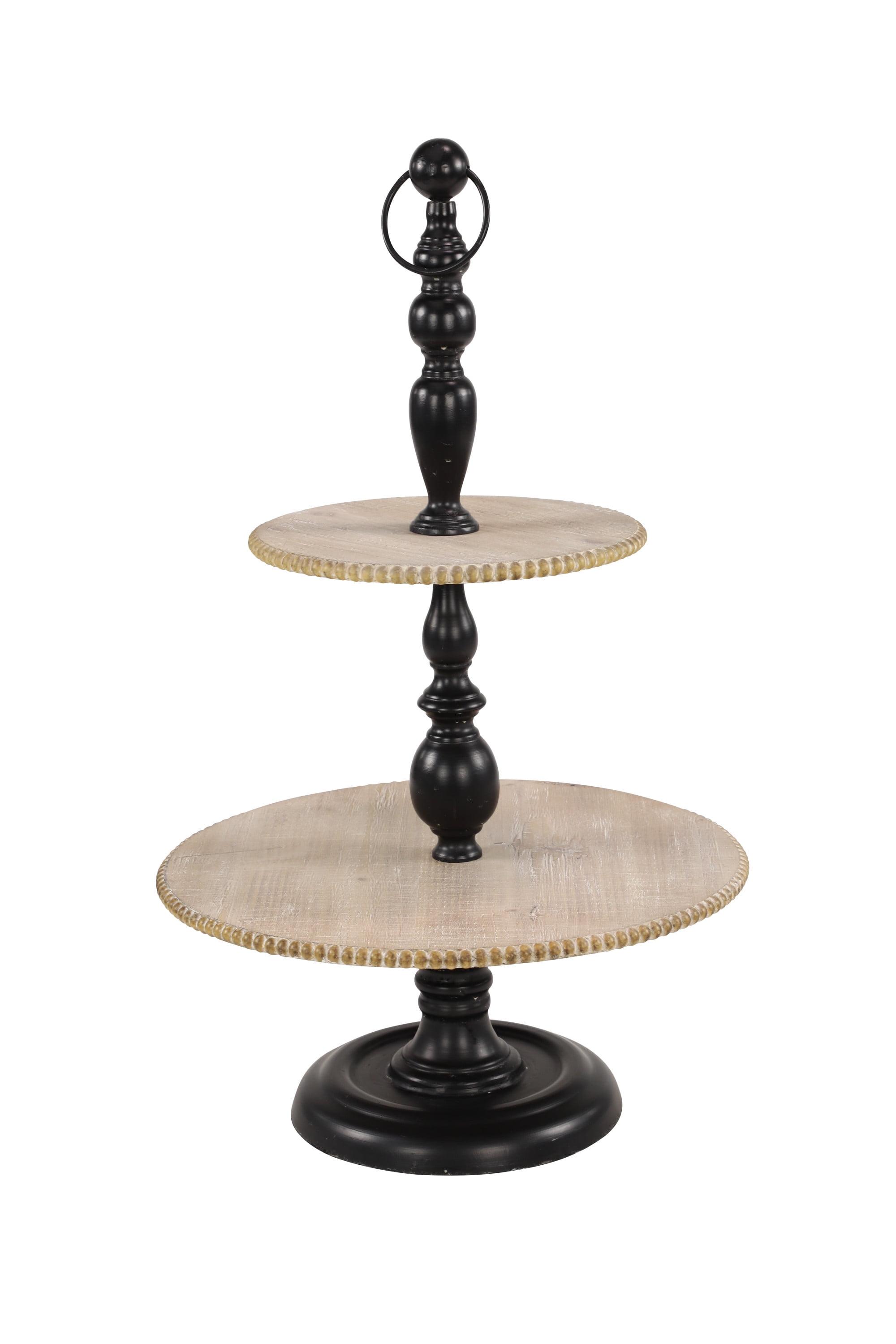 Black and Natural Wood 2-Tier Round Serving Tray Stand