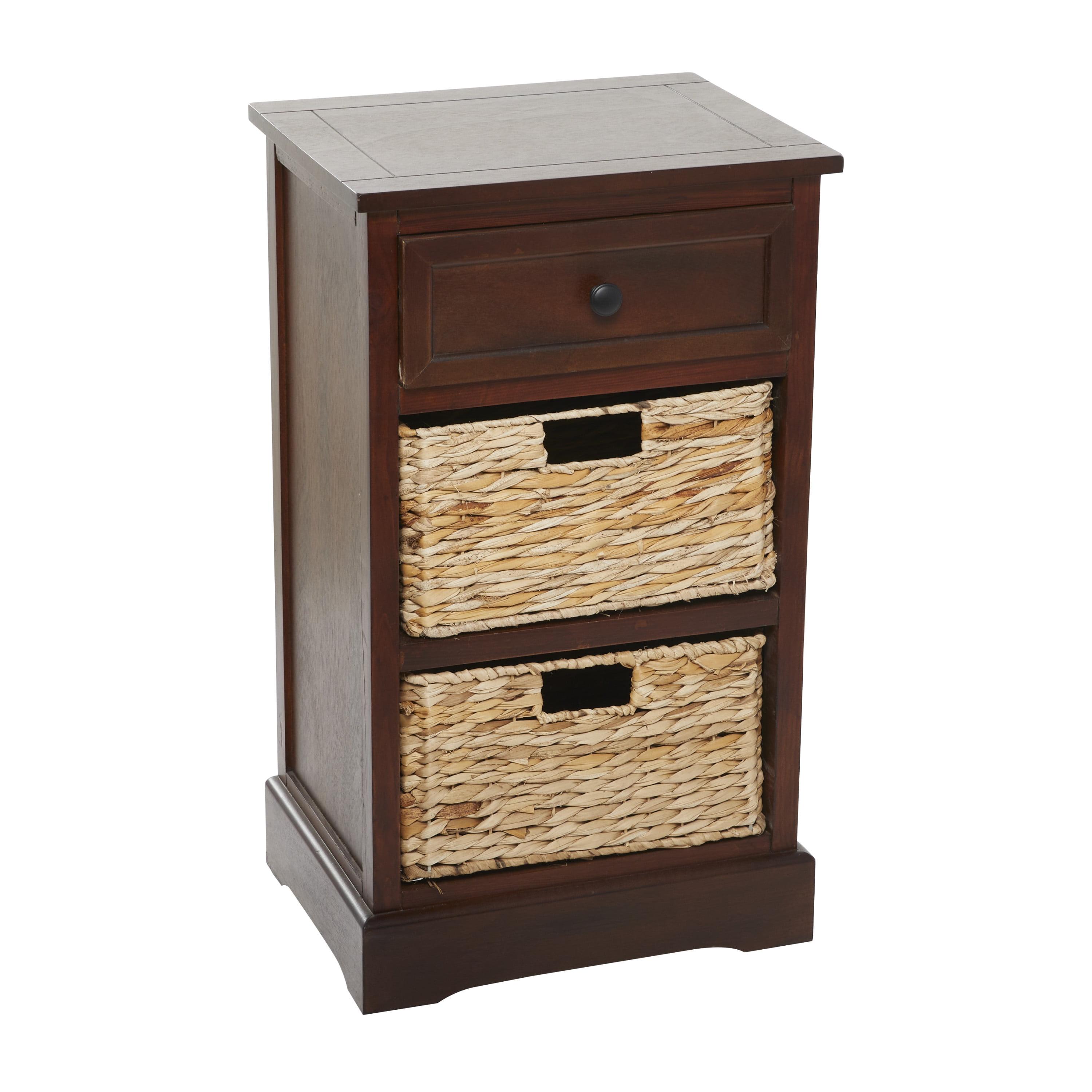 Elegant Brown Wooden Side Chest with Wicker Drawers - 33" x 20.5"