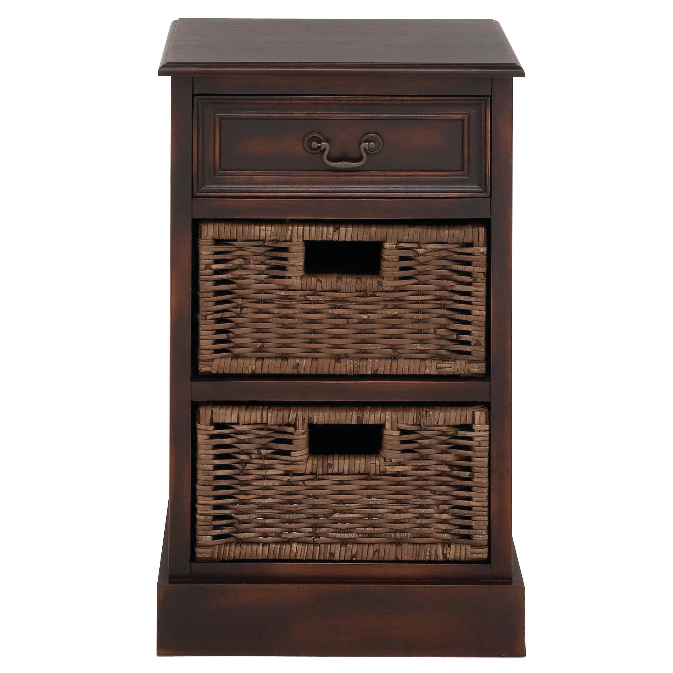 Dark Brown Wood Side Chest with Jute Baskets and Drawer