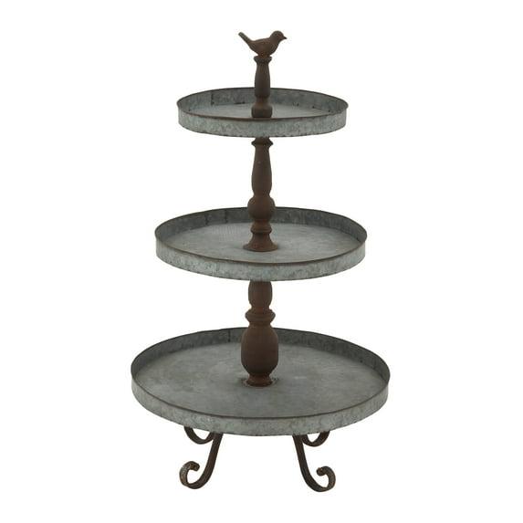 DecMode 16" x 28" Silver Metal Bird 3 Tiered Server with Scrolled Base, 1-Piece