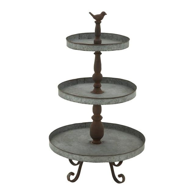 DecMode 16" x 28" Silver Metal Bird 3 Tiered Server with Scrolled Base, 1-Piece