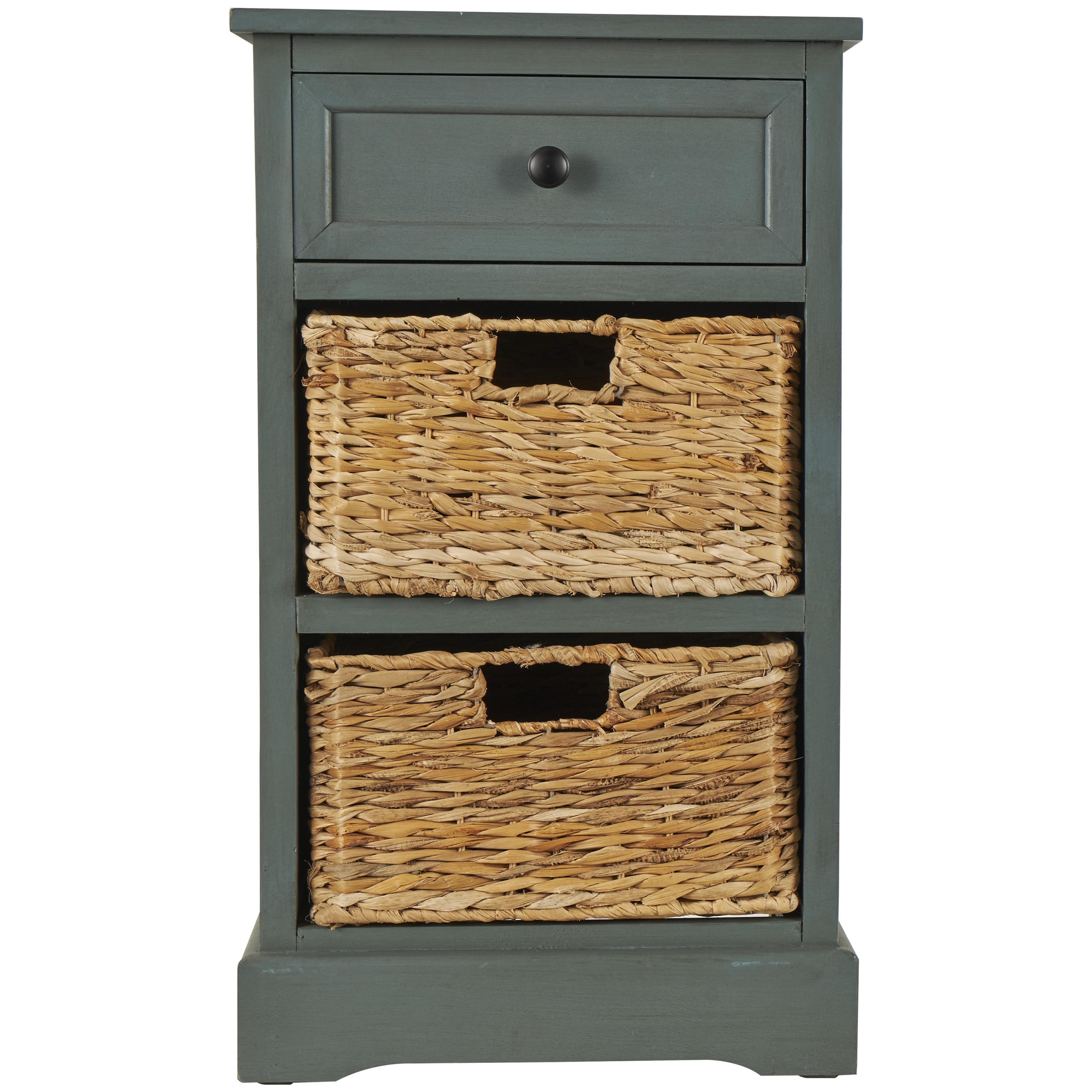 Teal Solid Wood Rectangular Side Table with Seagrass Baskets and Drawer