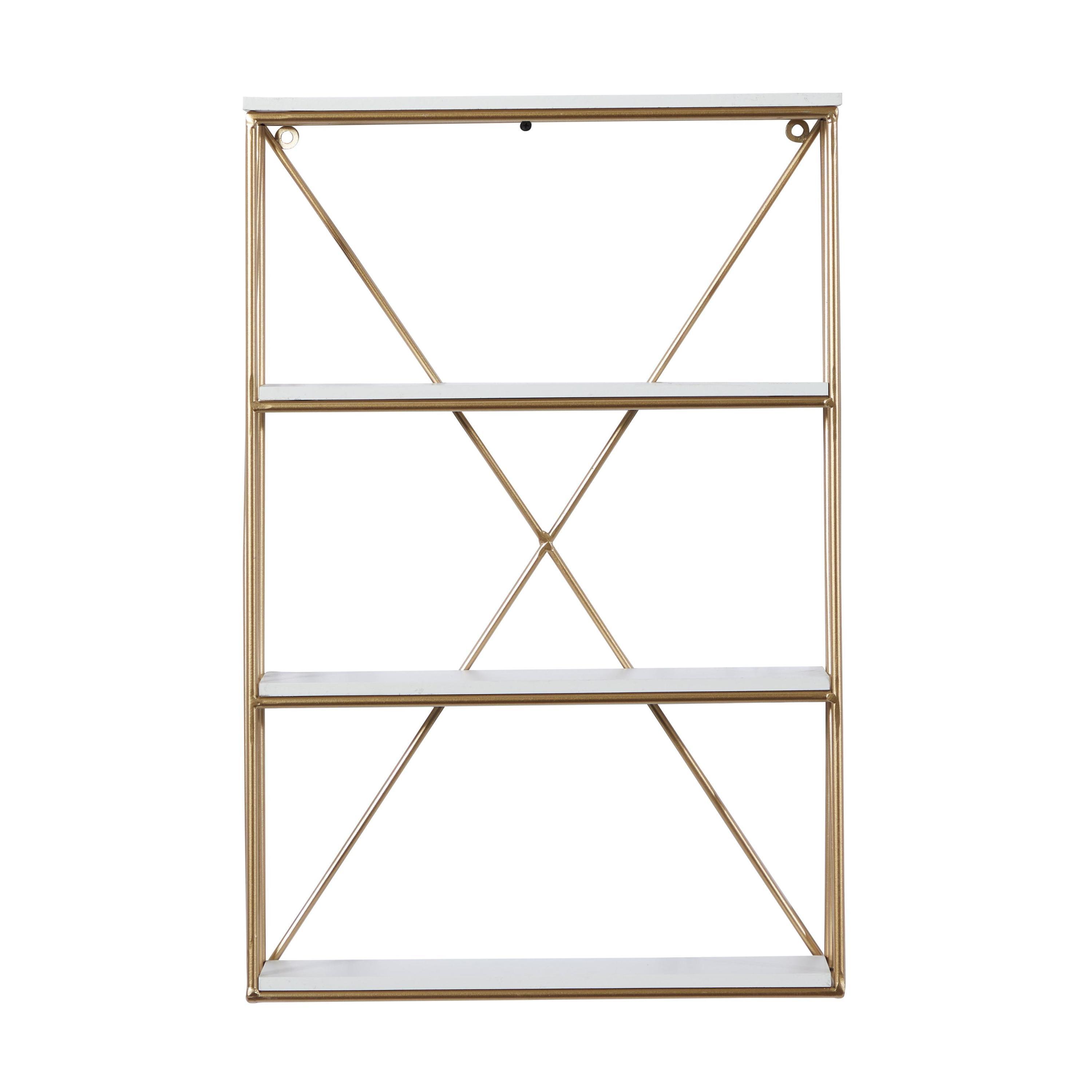 DecMode 16" x 4" 4-Tier Gold Wall Shelf with White Wooden Shelves