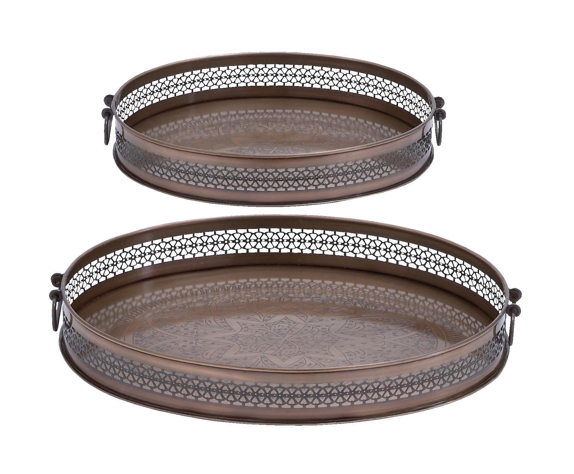 Brown Metal Oval Decorative Trays with Cut Out Design, Set of 2