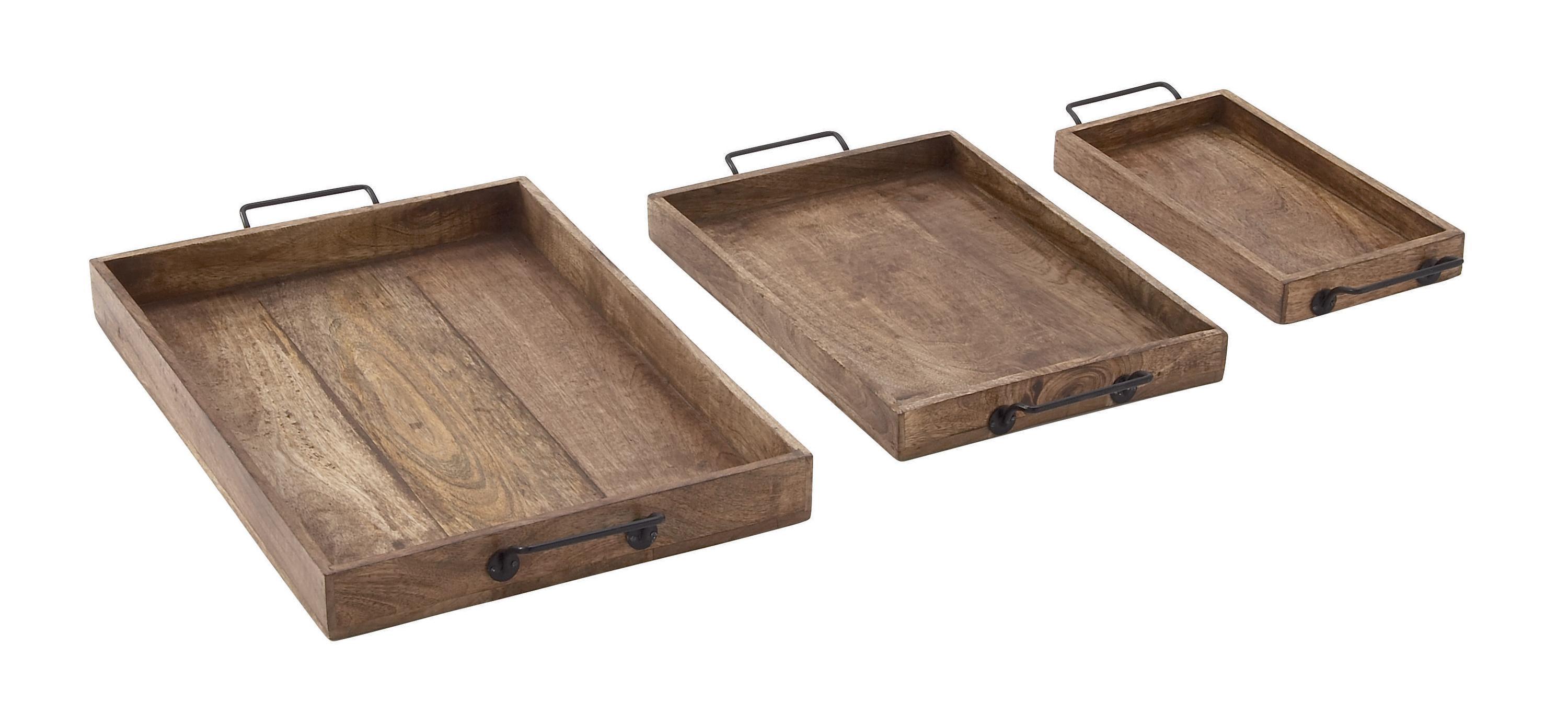 Set of 3 Farmhouse Slat Style Mango Wood and Iron Trays Brown - Olivia & May: Ottoman, Basket Design, 24-Inch