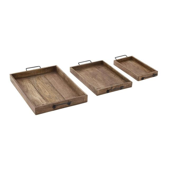 Set of 3 Farmhouse Slat Style Mango Wood and Iron Trays Brown - Olivia & May: Ottoman, Basket Design, 24-Inch