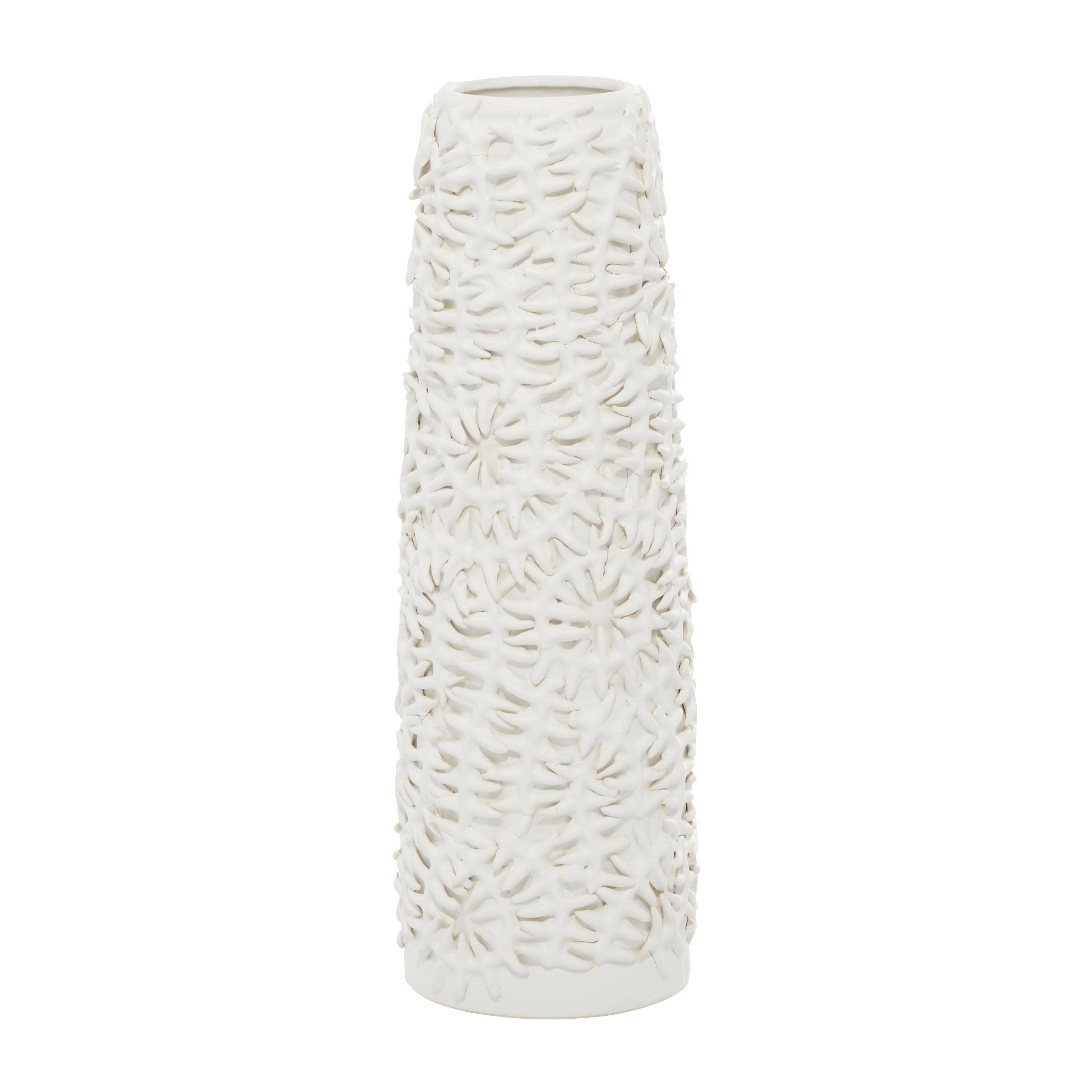 DecMode 17" Leaf Embossed White Ceramic Vase