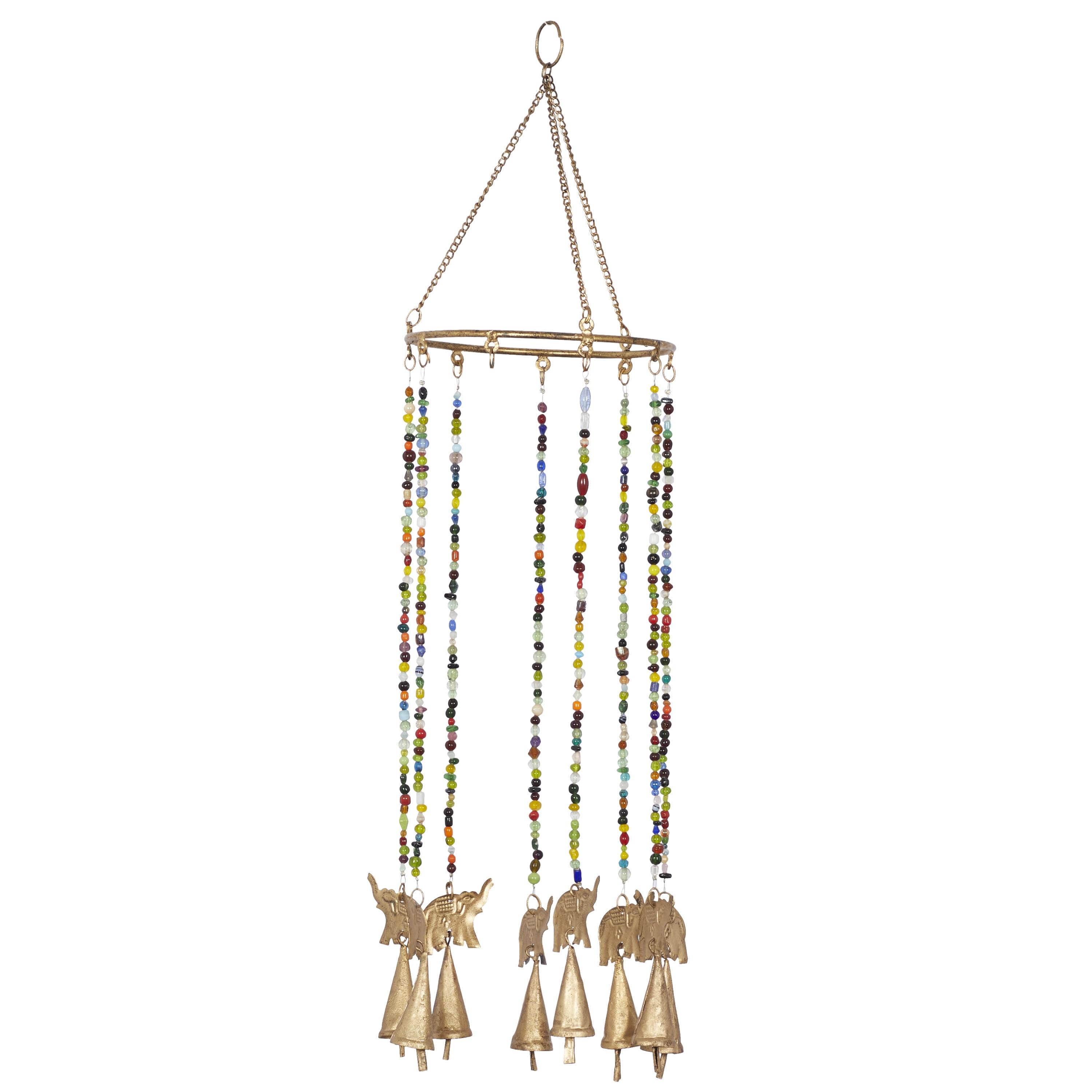 Gold Metal Elephant Wind Chime with Multicolor Beads and Bells