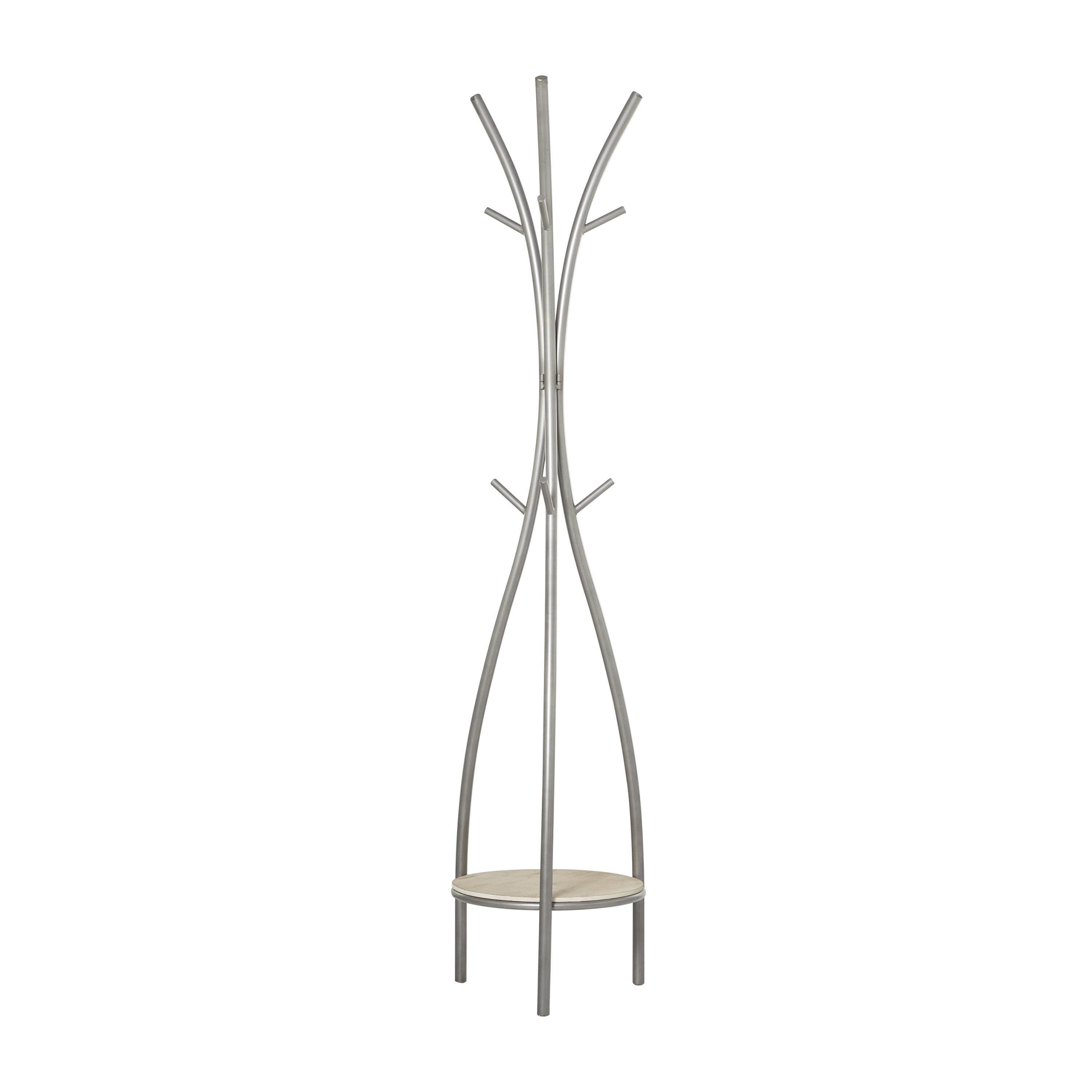 Silver and Beige Metal Freestanding Coat Rack with Shelf