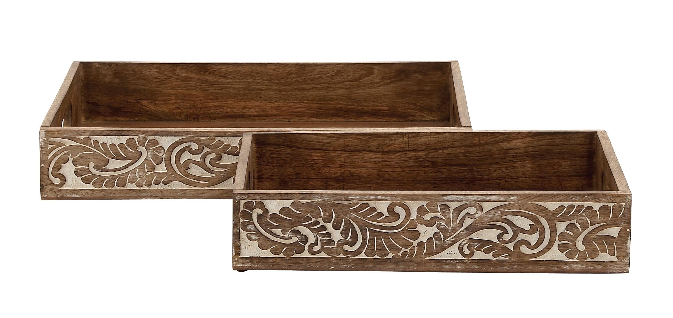 Traditional Mango Wood Rectangular Tray Set with Handles