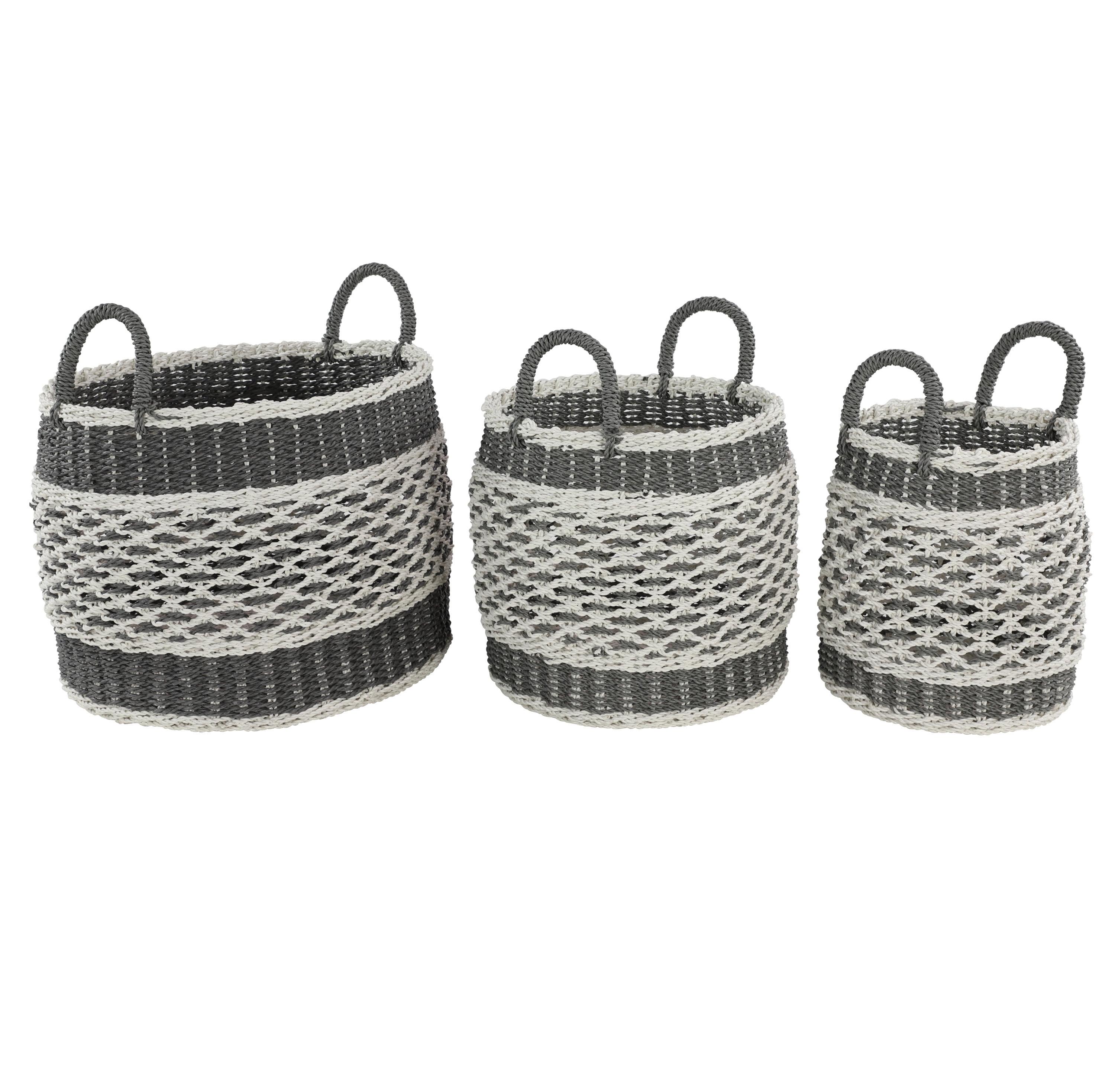 Gray and Beige Round Woven Plastic Storage Baskets, Set of 3