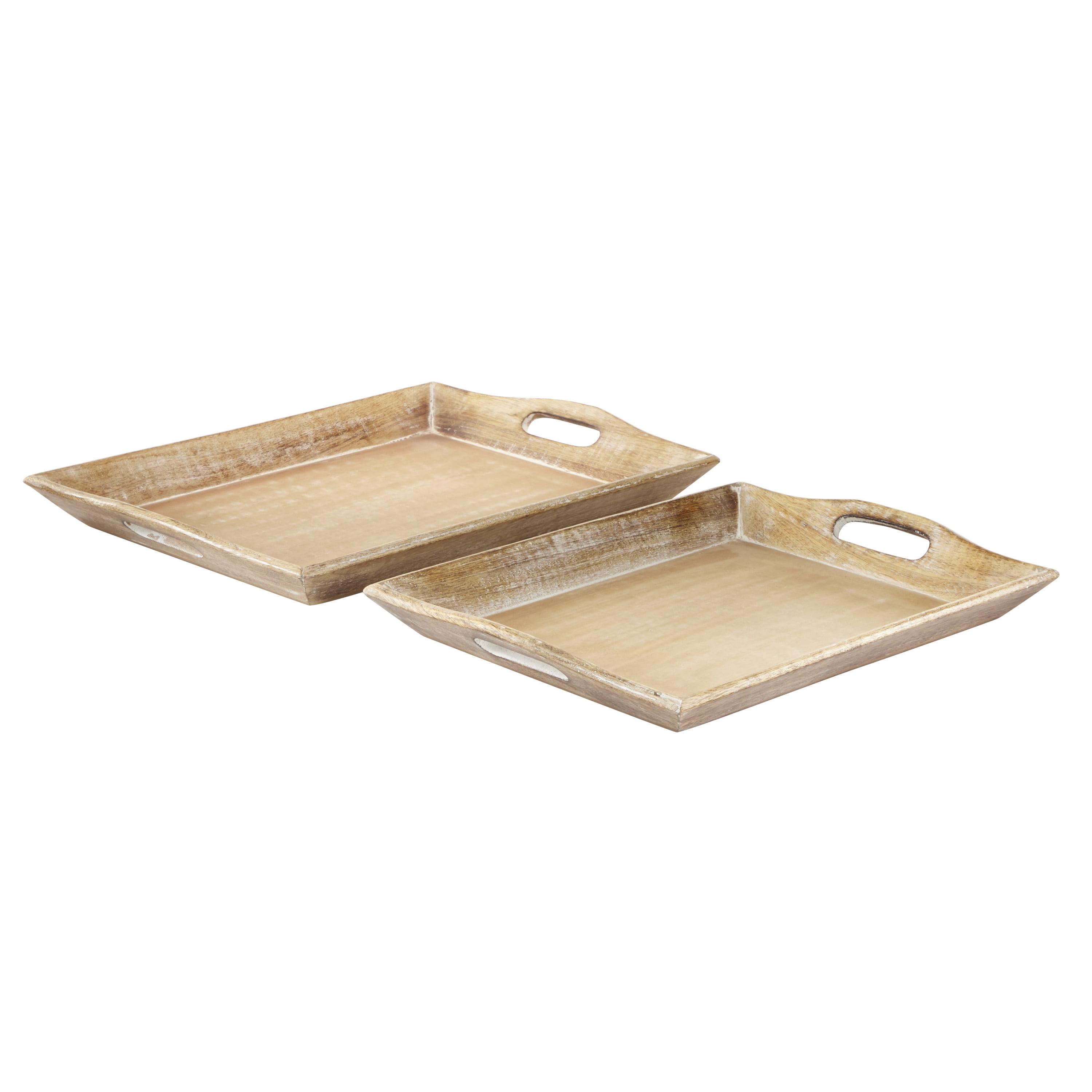 Set of 2 Brown Whitewashed Mango Wood Serving Trays