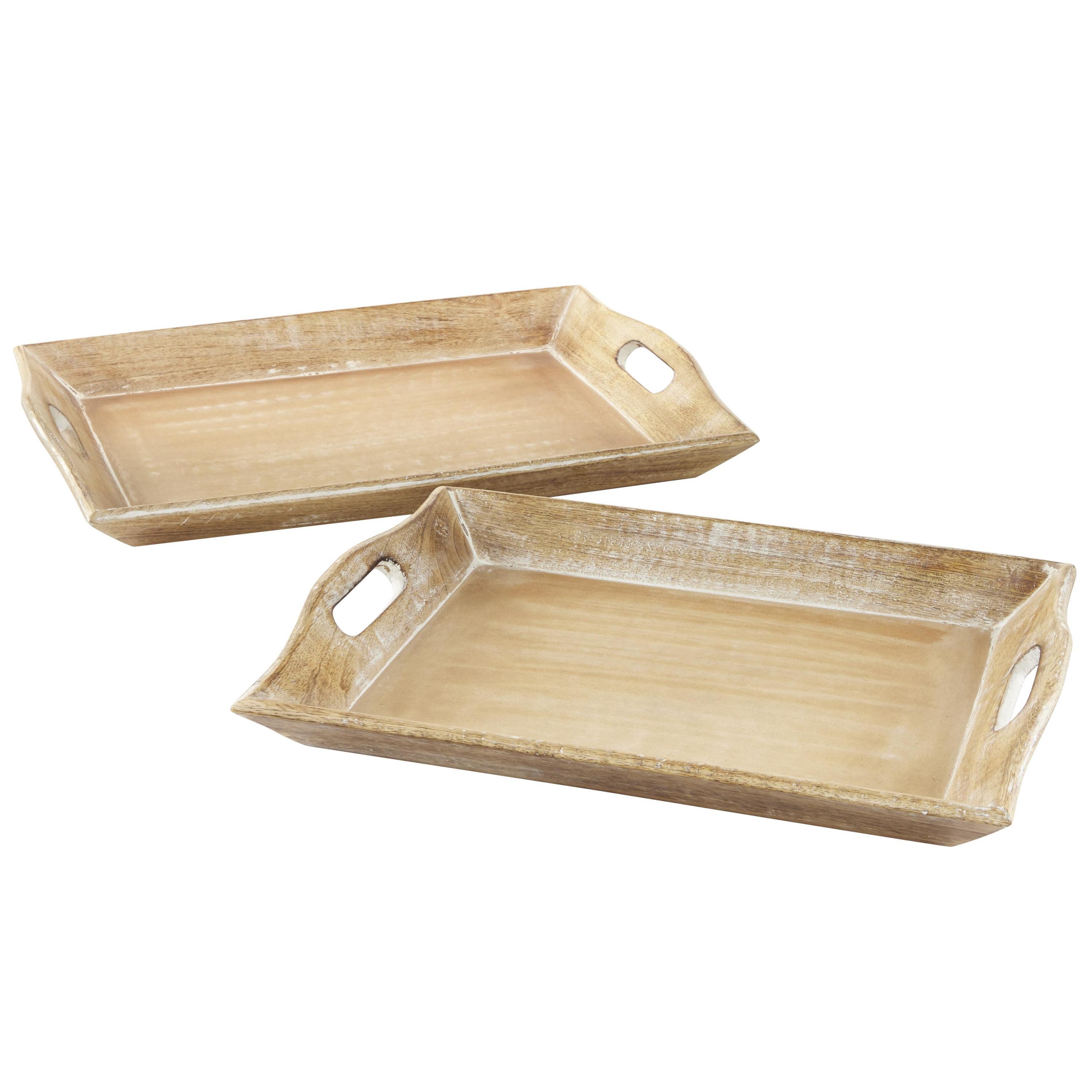 Olivia & May Set of 2 Traditional Whitewashed Natural Mango Wood Serving Trays Brown: Ottoman Style, with Handles