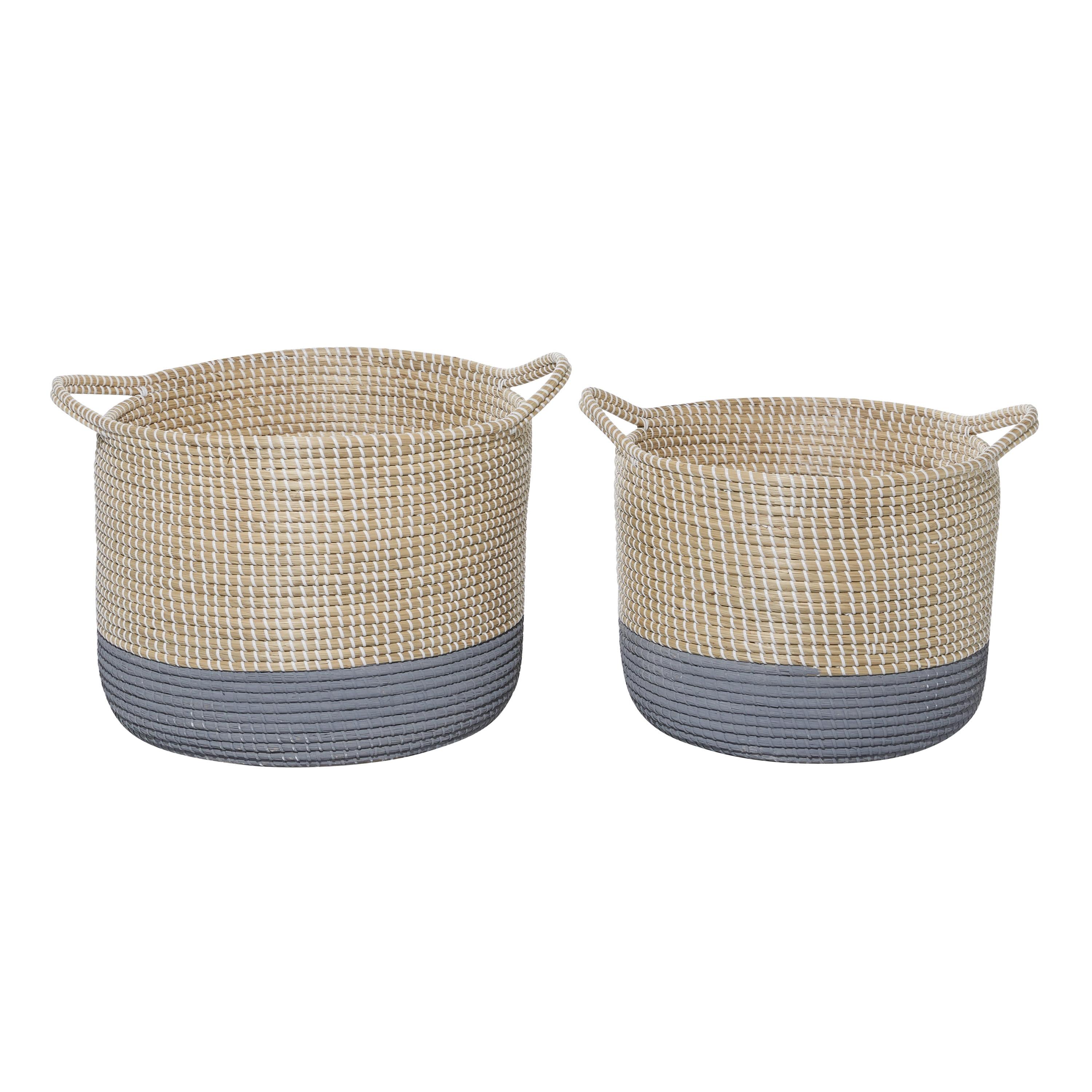 Set of 2 Round Seagrass Storage Baskets with Gray Stripes